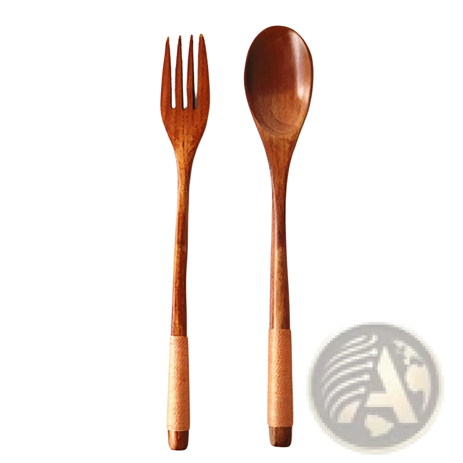 Set of two wooden utensils fork and spoon with smooth polished surfaces in warm brown tones for kitchen use