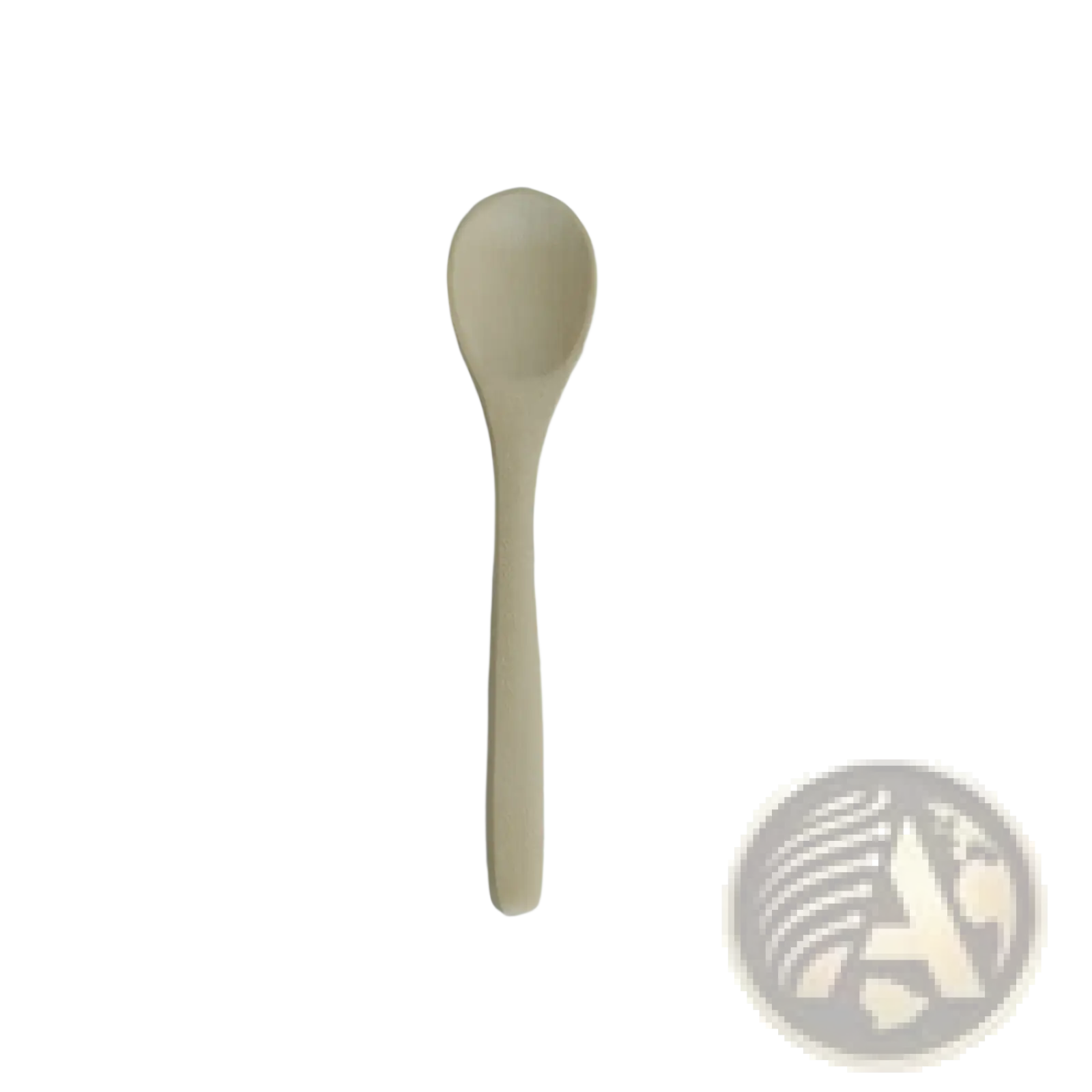 A light beige wooden spoon 13cm long with a rounded bowl and slender handle from a natural eco-friendly kitchen utensil set