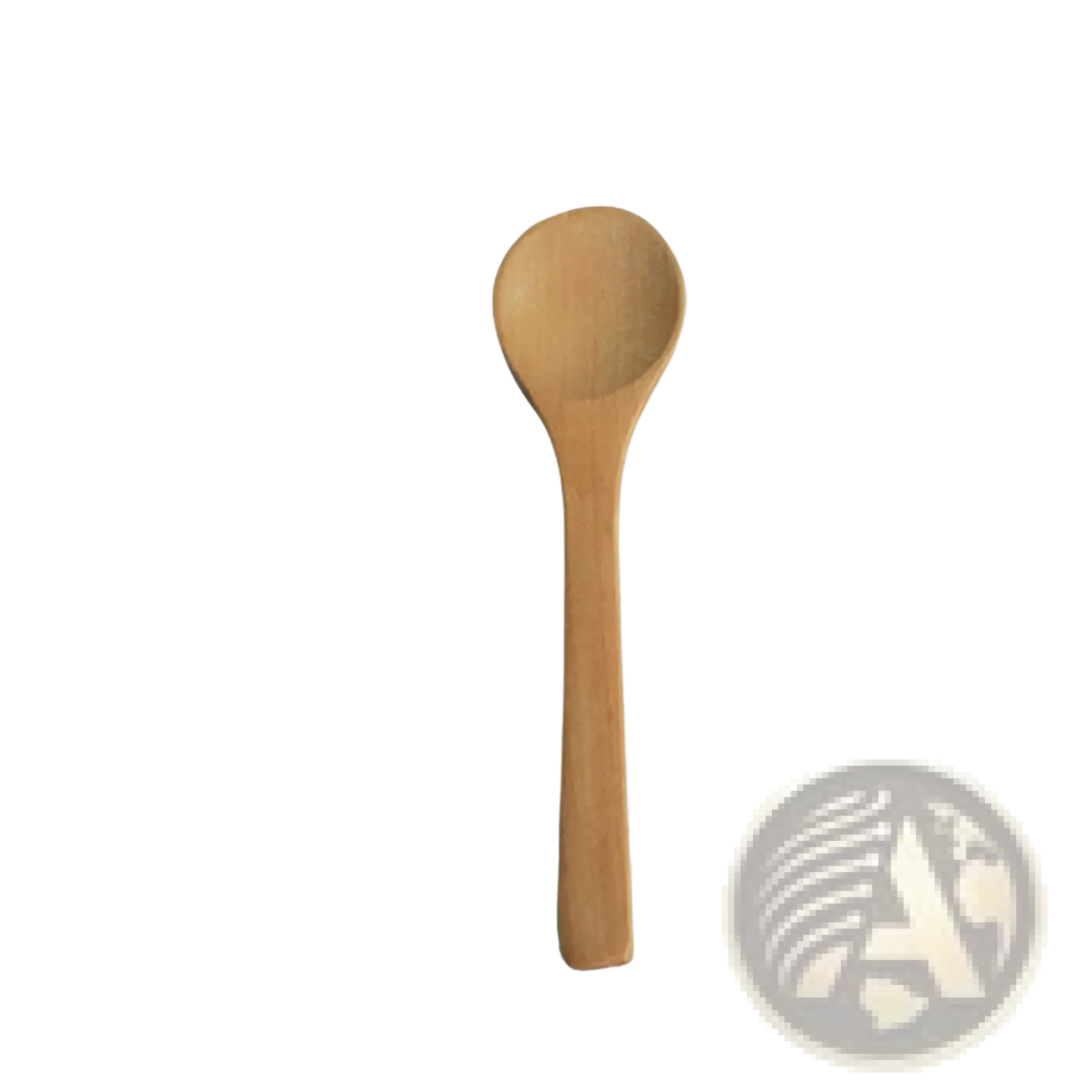 A smooth light brown wooden spoon with rounded bowl and slender handle in natural eco-friendly kitchen utensil set