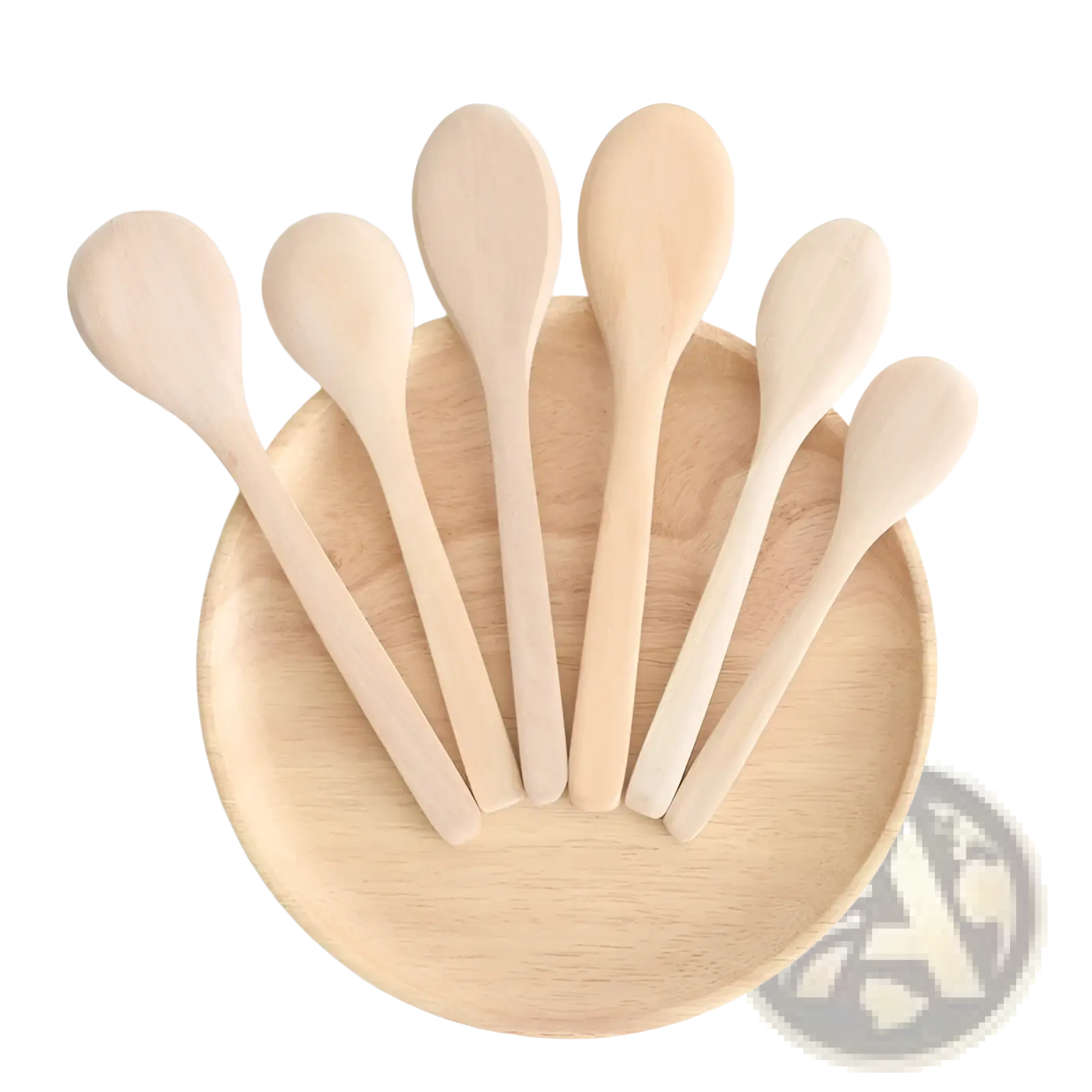 Set of six natural finish wooden spoons arranged in a fan pattern on a matching round wood plate for eco-friendly kitchen use