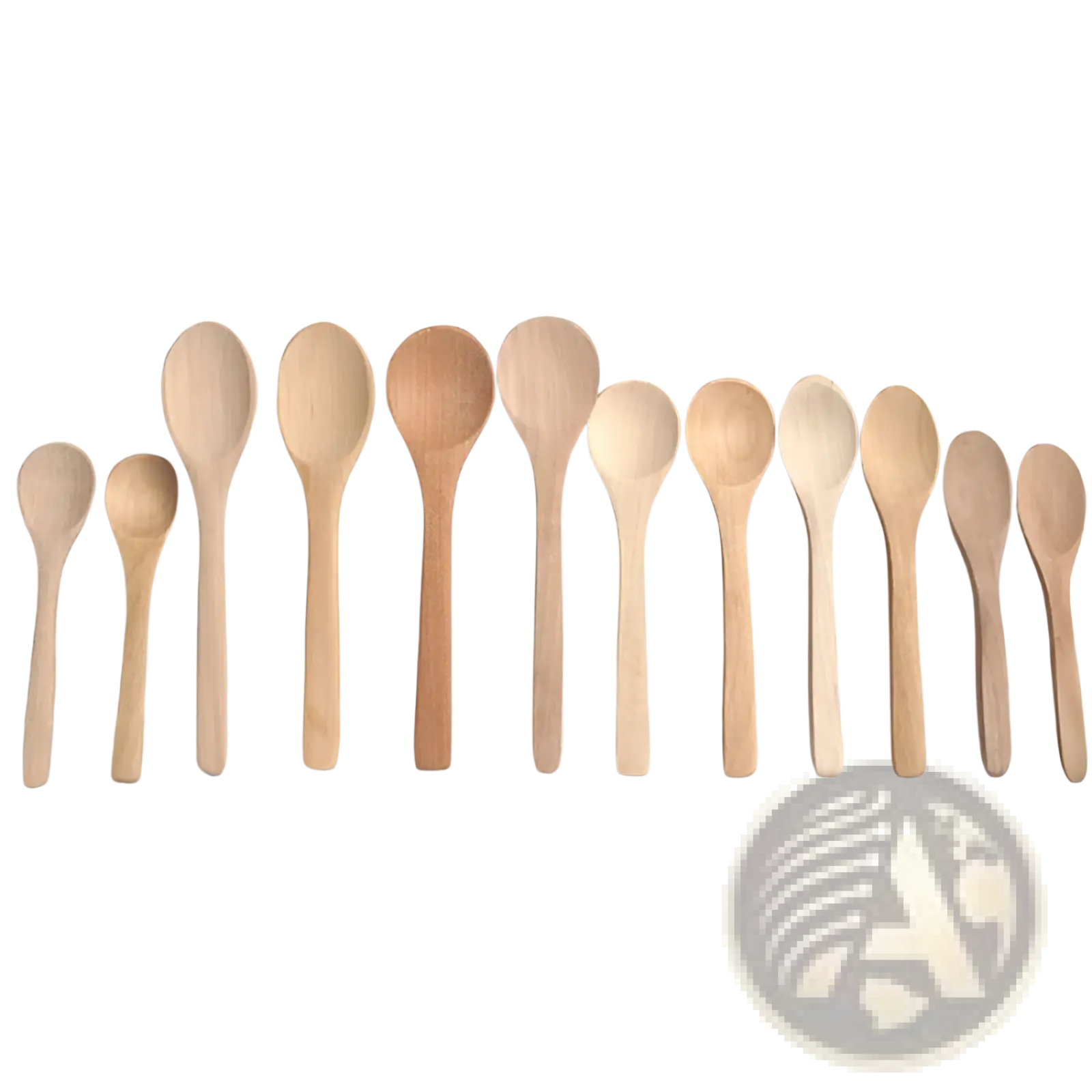 Set of ten natural wood spoons in varying sizes arranged neatly, eco-friendly kitchen utensils for cooking