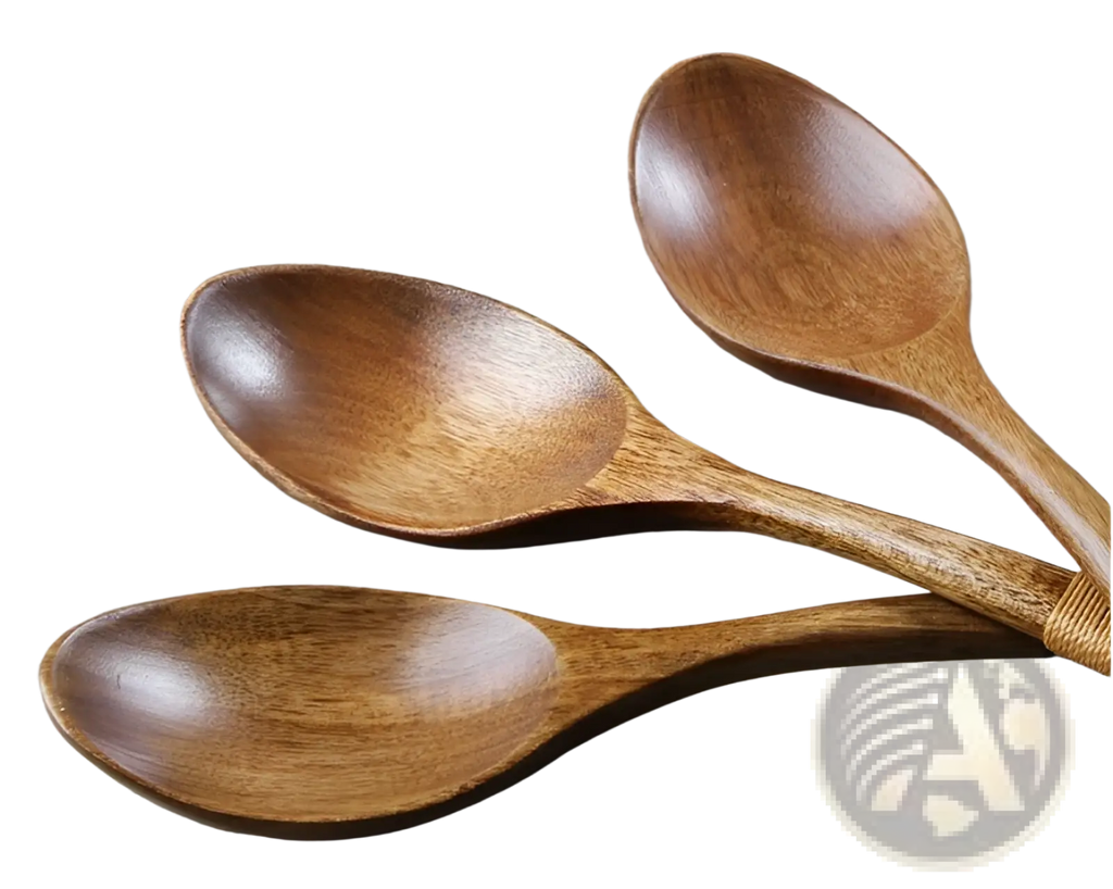 Three smooth polished wooden spoons with warm brown finish and textured grip woven handles in wooden spoon set