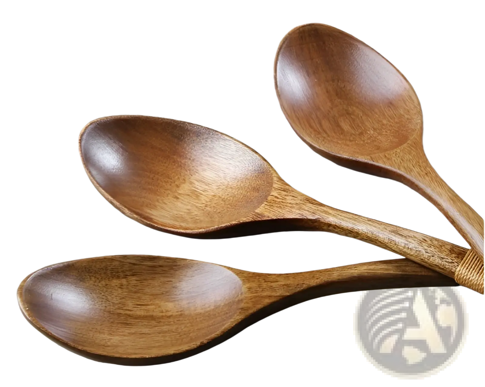 Three smooth polished wooden spoons with warm brown finish and textured grip woven handles in wooden spoon set