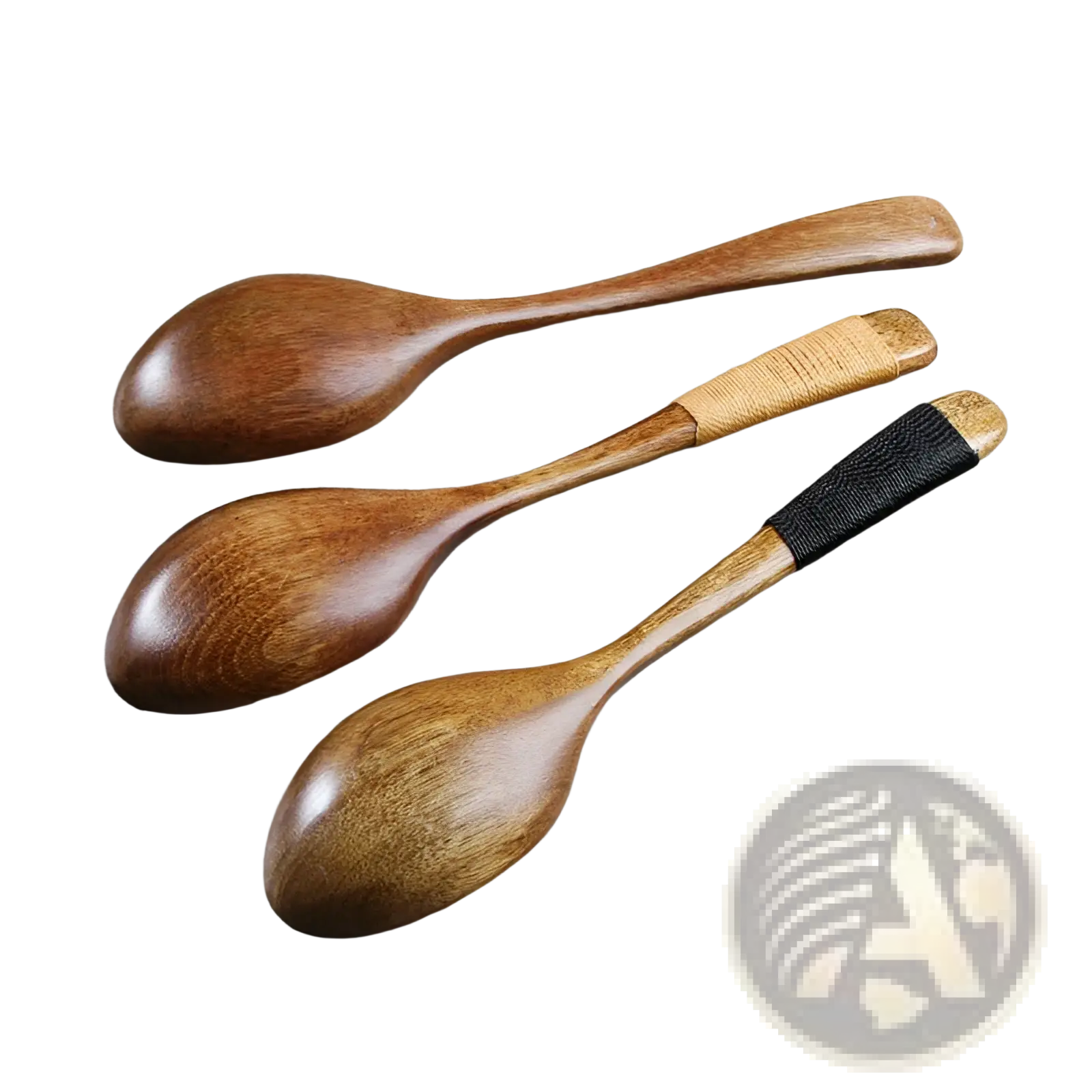 Set of three handcrafted wooden spoons with natural wood grain and woven beige and black cord handles for textured grip