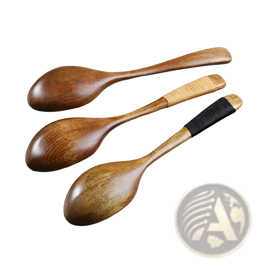 Set of three handcrafted wooden spoons with natural wood grain and woven beige and black cord handles for textured grip