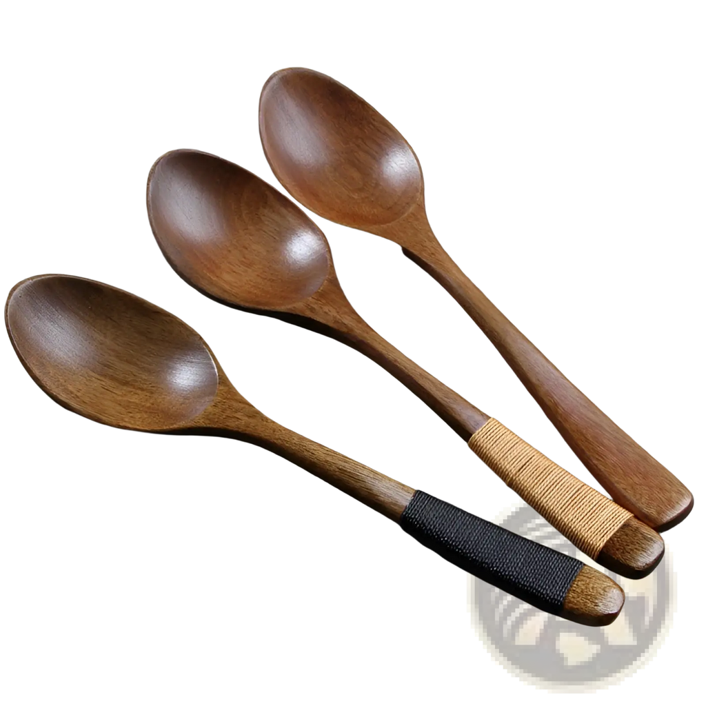Three polished brown wooden spoons with woven handle accents in a textured grip wooden spoon set