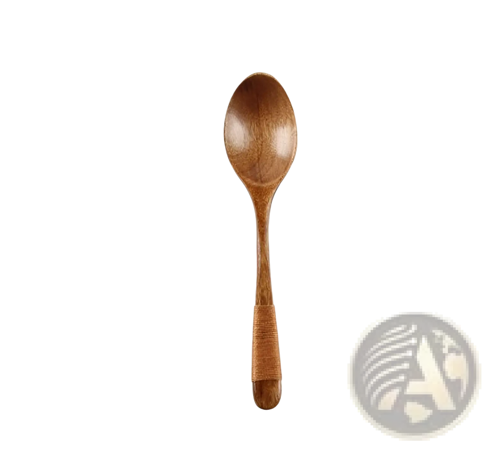 Wooden spoon 18cm long with warm brown finish and textured grip wrapped in natural twine near handle
