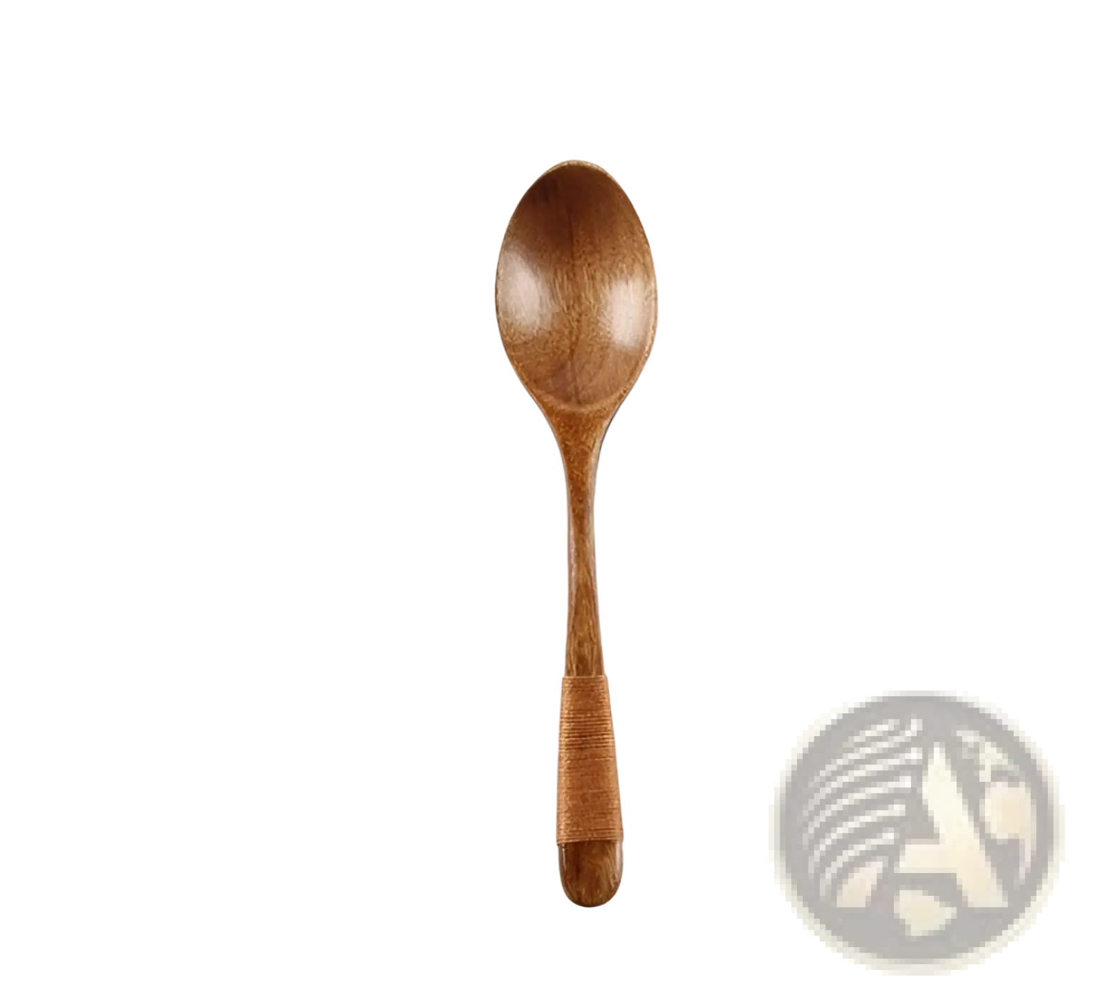 Wooden spoon 18cm long with warm brown finish and textured grip wrapped in natural twine near handle