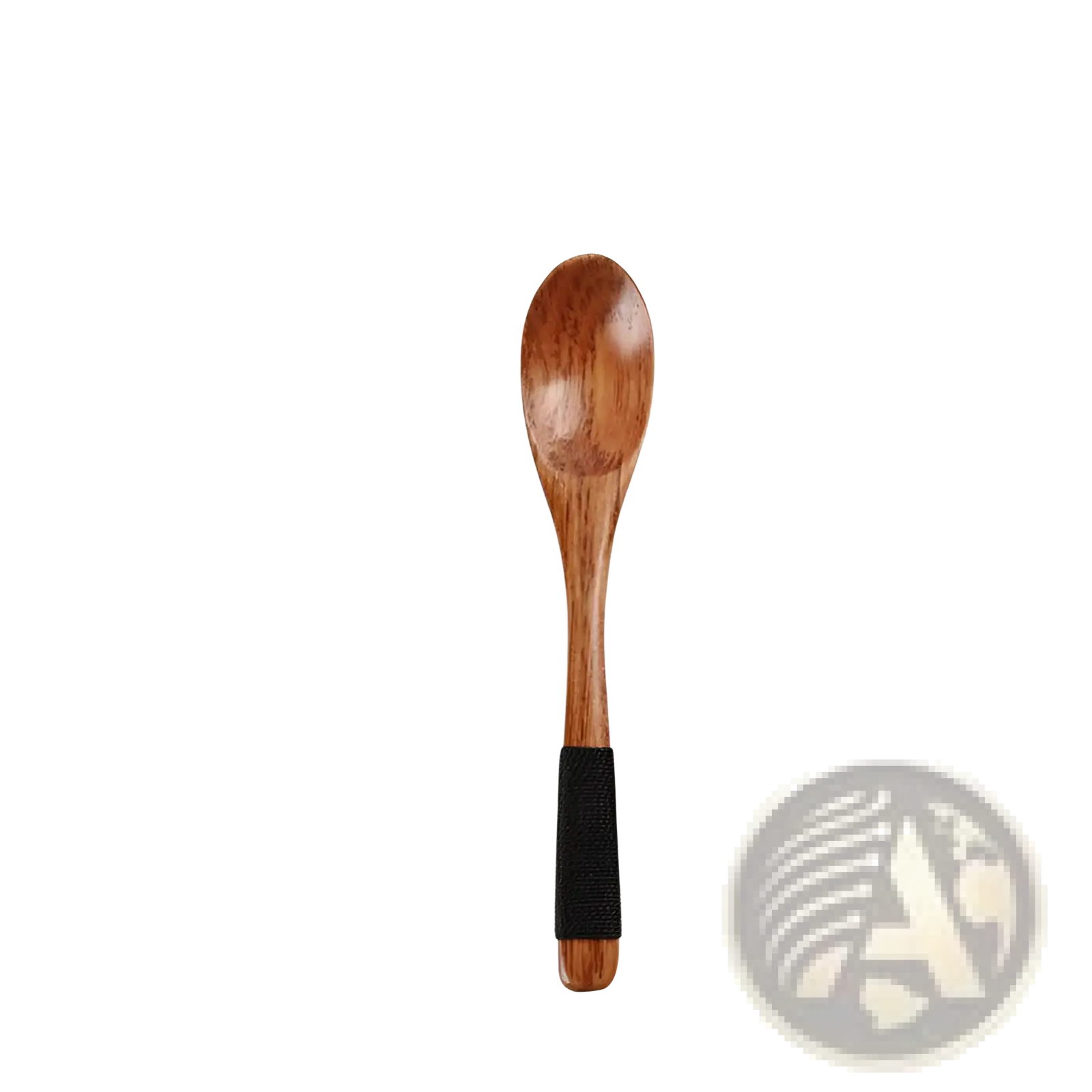 Wooden spoon with smooth warm brown finish and black textured grip from wooden spoon set with woven handles