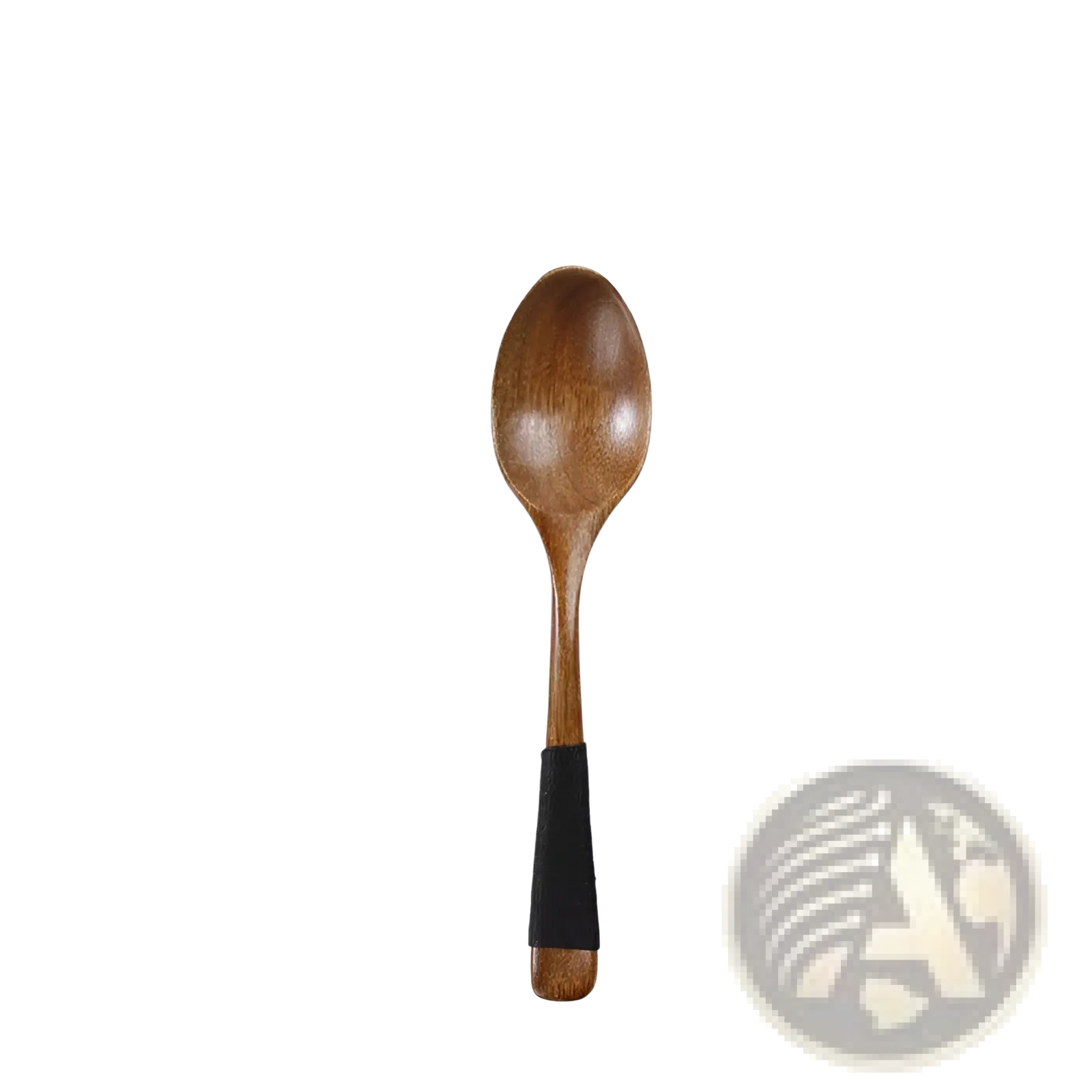 A smooth medium-brown wooden spoon with a black textured grip wrapped handle from a wooden spoon set