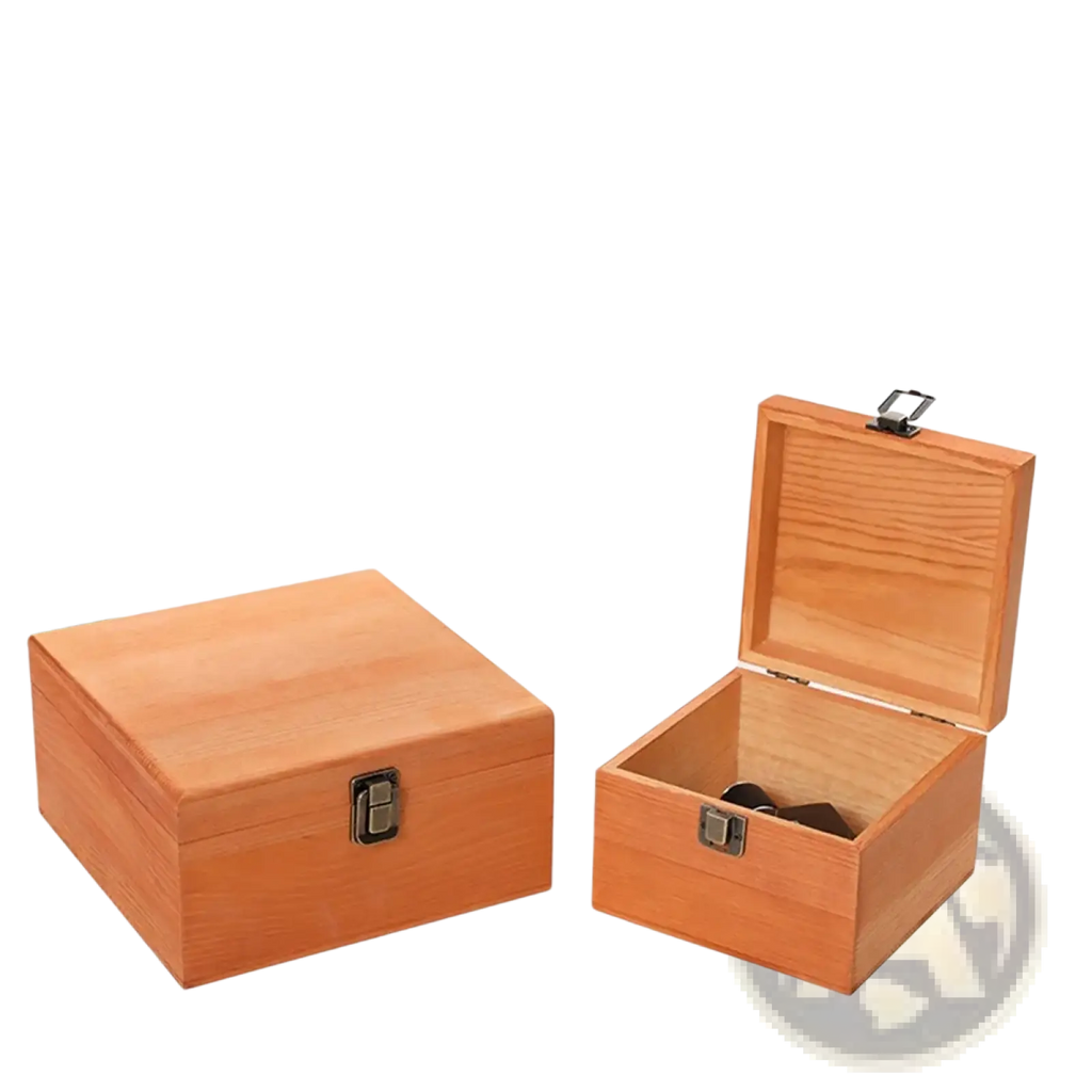 Light brown natural pine wooden storage box with black metal latch and hinge in a set of three