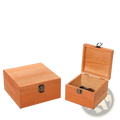 Light brown natural pine wooden storage box with black metal latch and hinge in a set of three
