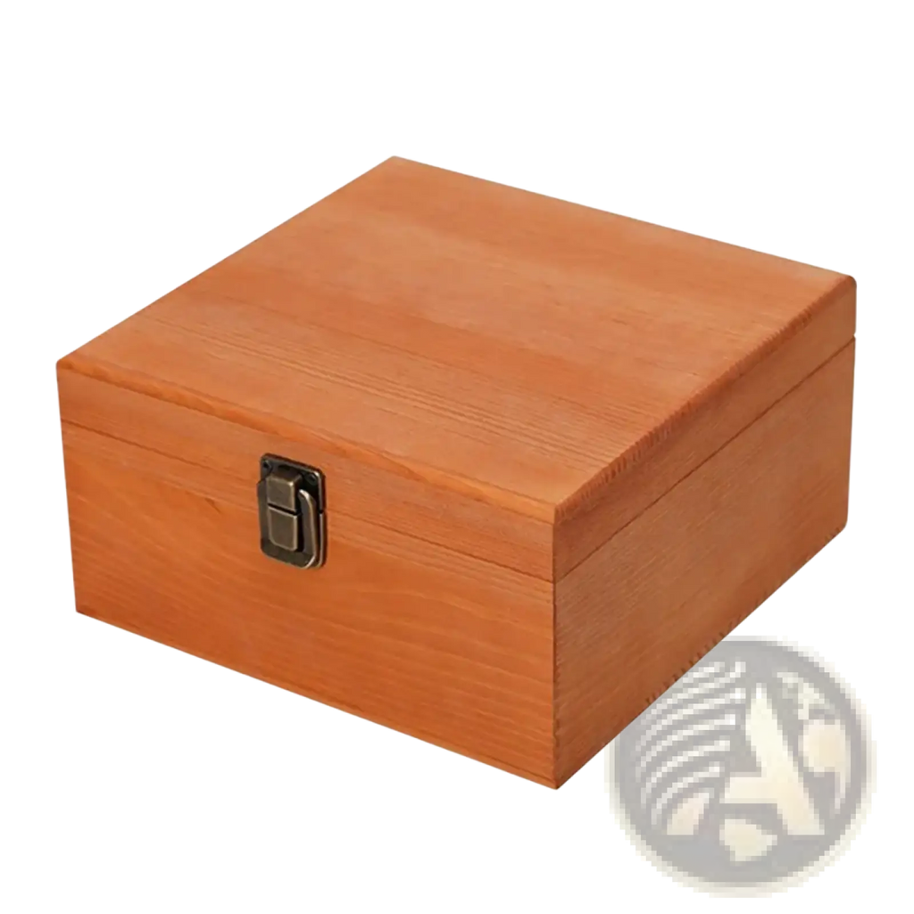 A light brown natural pine wooden storage box with a simple metal clasp from a set of three