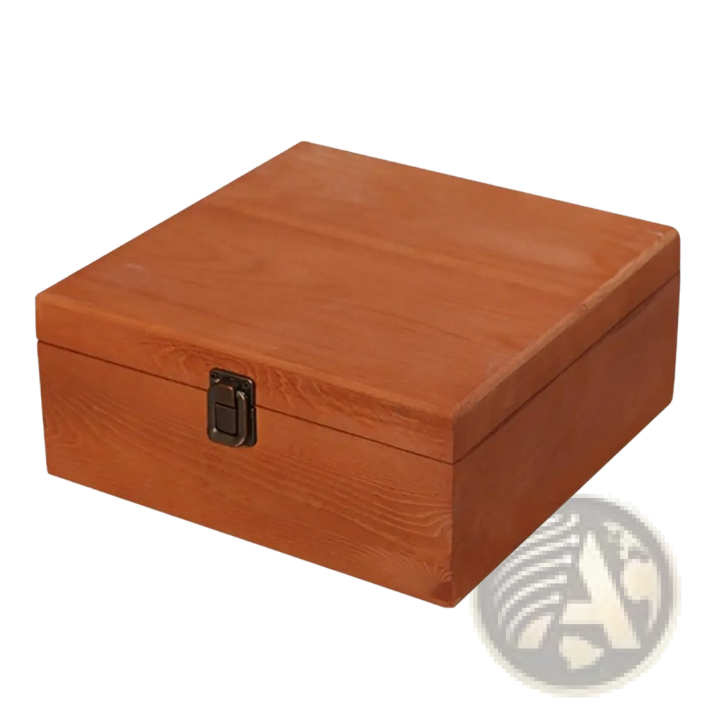 A rectangular wooden storage box with a warm natural finish and visible grain patterns in natural pine