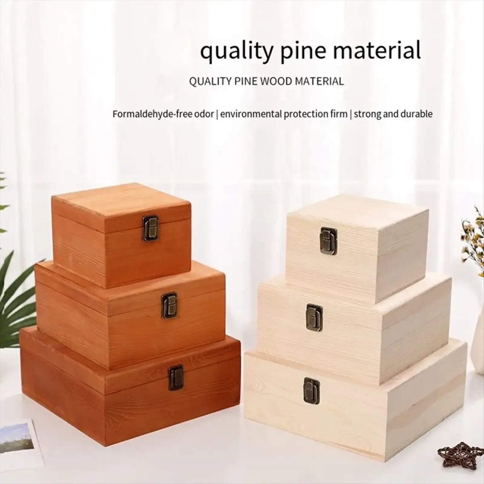 Set of three stacked wooden storage boxes in natural pine finish with dark metal latches for organized storage