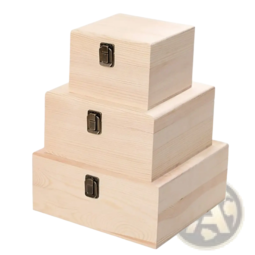 Three stacked natural pine wooden storage boxes with dark metal latches for organized storage solutions