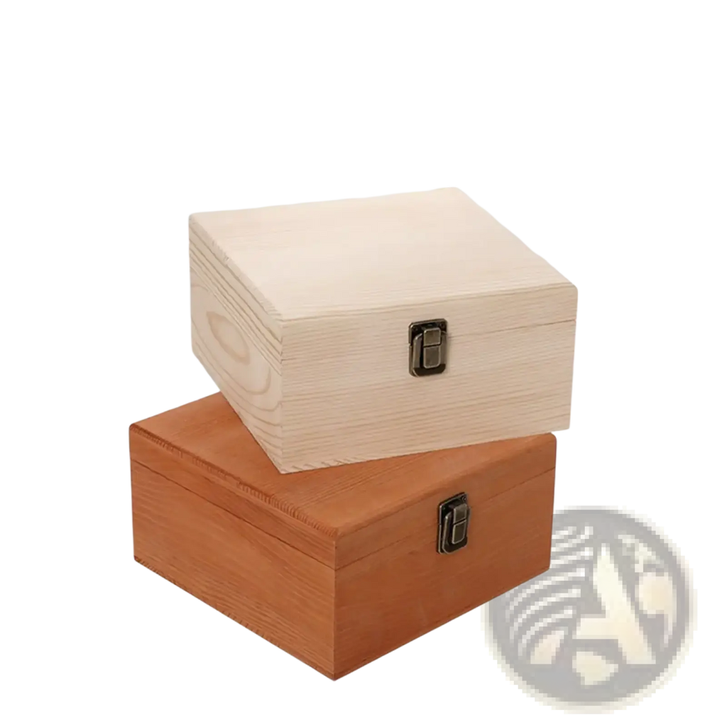 Two wooden storage boxes in natural pine with black metal latches in light and medium stained wood finishes