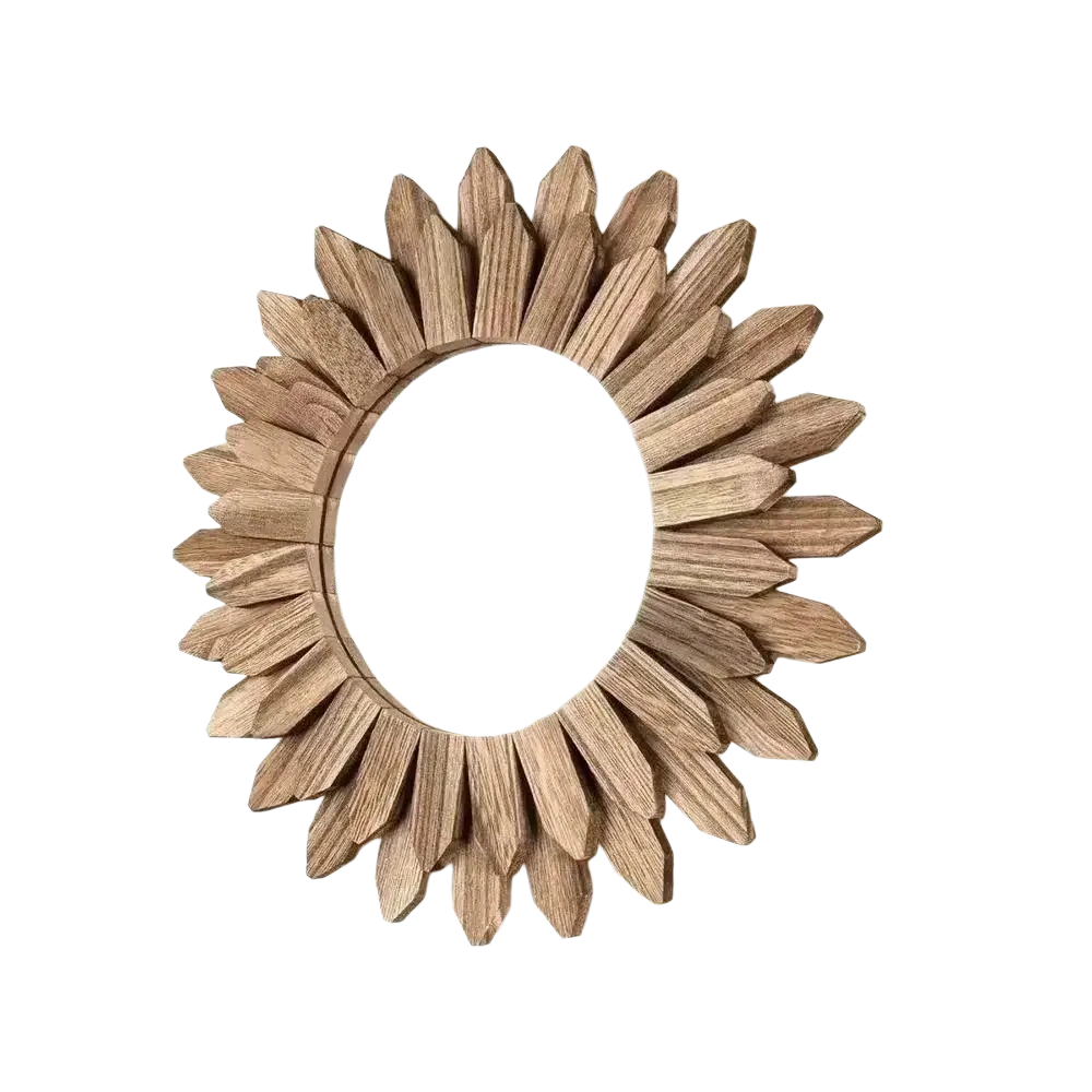Rustic wooden sunflower wall mirror with weathered light brown mirror frame for living room high definition mirror