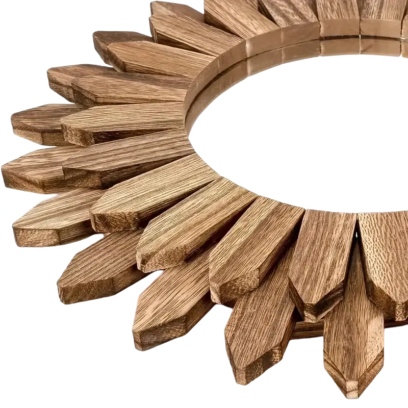 Rustic wooden sunflower wall mirror with natural wood finish and radiating slats for living room mirror frame