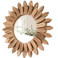 Wooden sunflower wall mirror with rustic oak finish and petal-like slats high definition mirror frame for living room