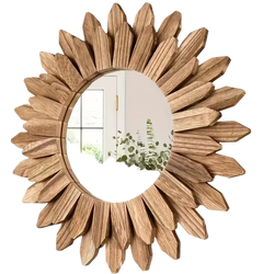 Wooden sunflower wall mirror with rustic oak finish and petal-like slats high definition mirror frame for living room