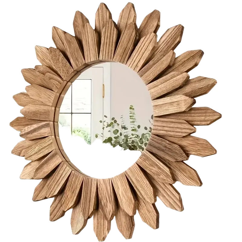 Wooden sunflower wall mirror with rustic oak finish and petal-like slats high definition mirror frame for living room