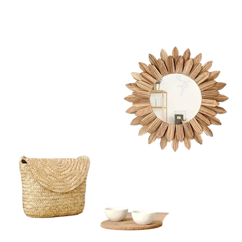 Wooden sunflower wall mirror with a sunburst leaf-like mirror frame in light brown for living room decor high definition mirror
