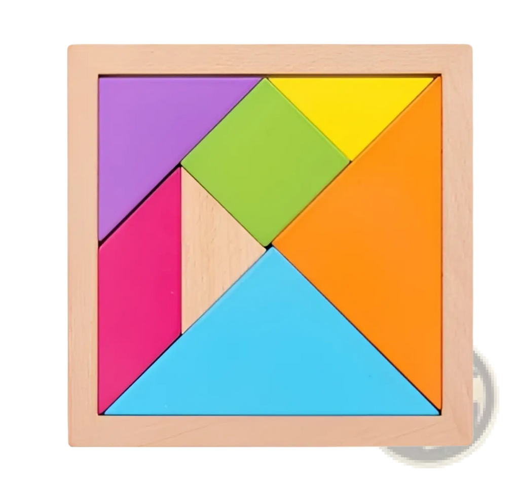 A colorful wooden tangram puzzle with vibrant geometric pieces in a light wood frame for kids