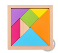 A colorful wooden tangram puzzle with vibrant geometric pieces in a light wood frame for kids