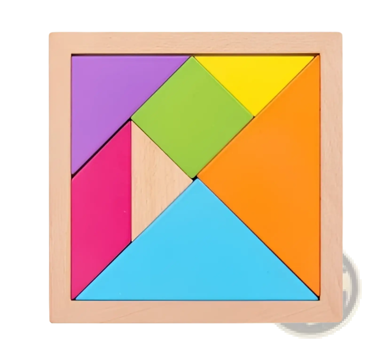 A colorful wooden tangram puzzle with vibrant geometric pieces in a light wood frame for kids