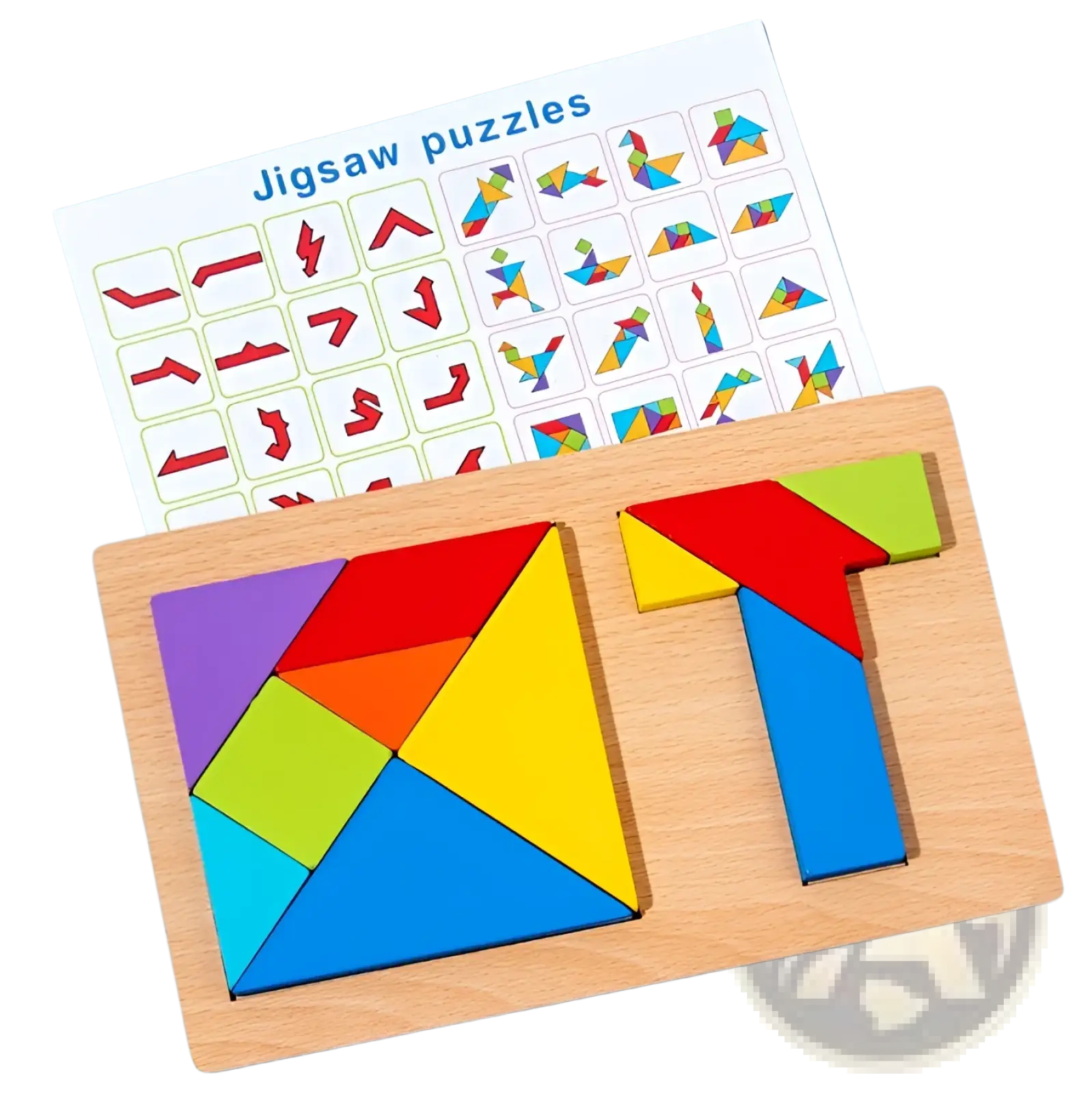 Colorful wooden tangram puzzle with vibrant geometric pieces arranged on a natural wood base for kids