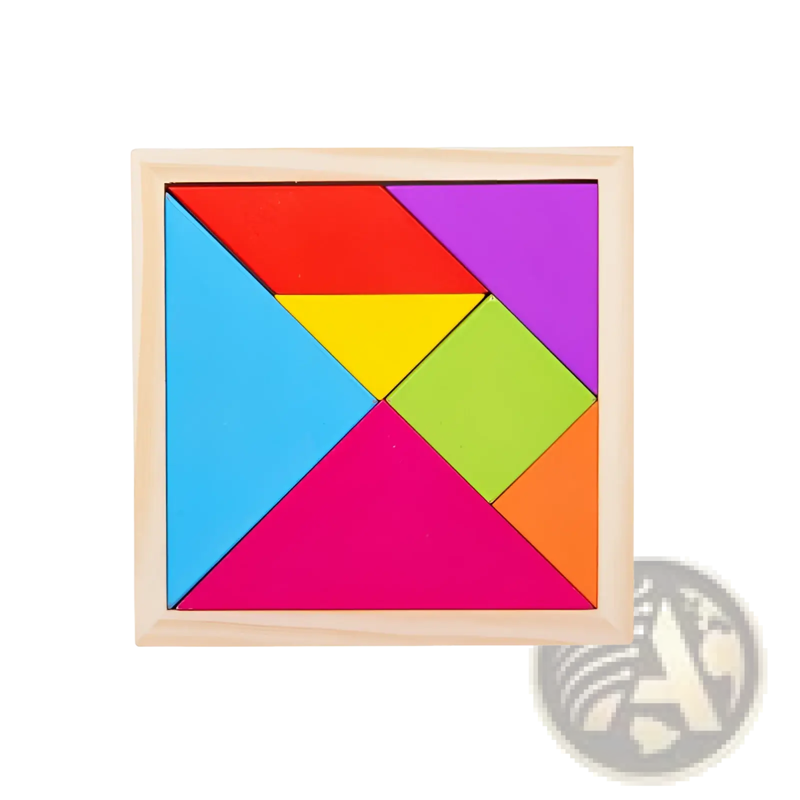 Colorful wooden tangram puzzle featuring vibrant red blue yellow green purple and pink pieces in a light wood frame