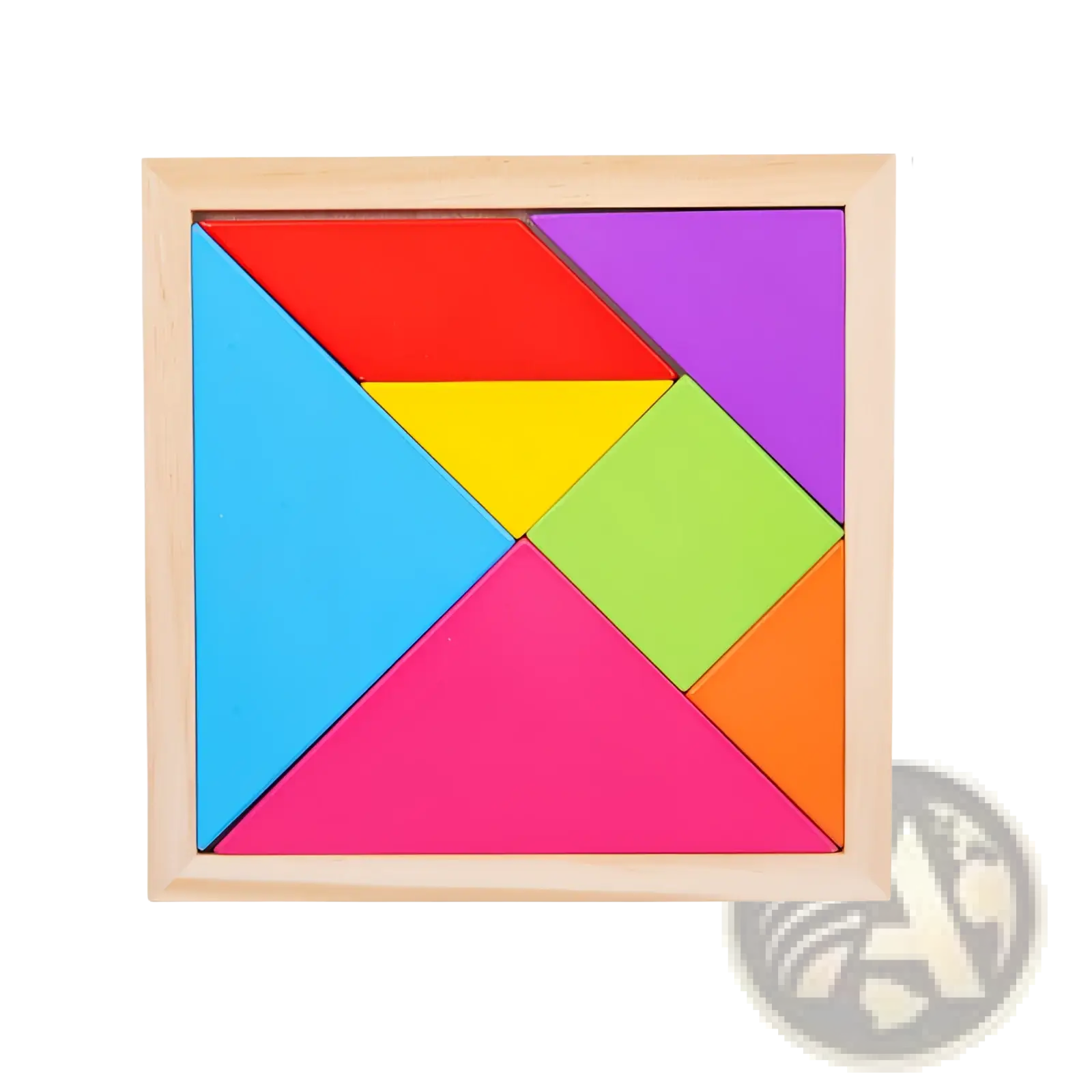 A vibrant 16cm square wooden tangram puzzle with colorful geometric pieces for kids educational play