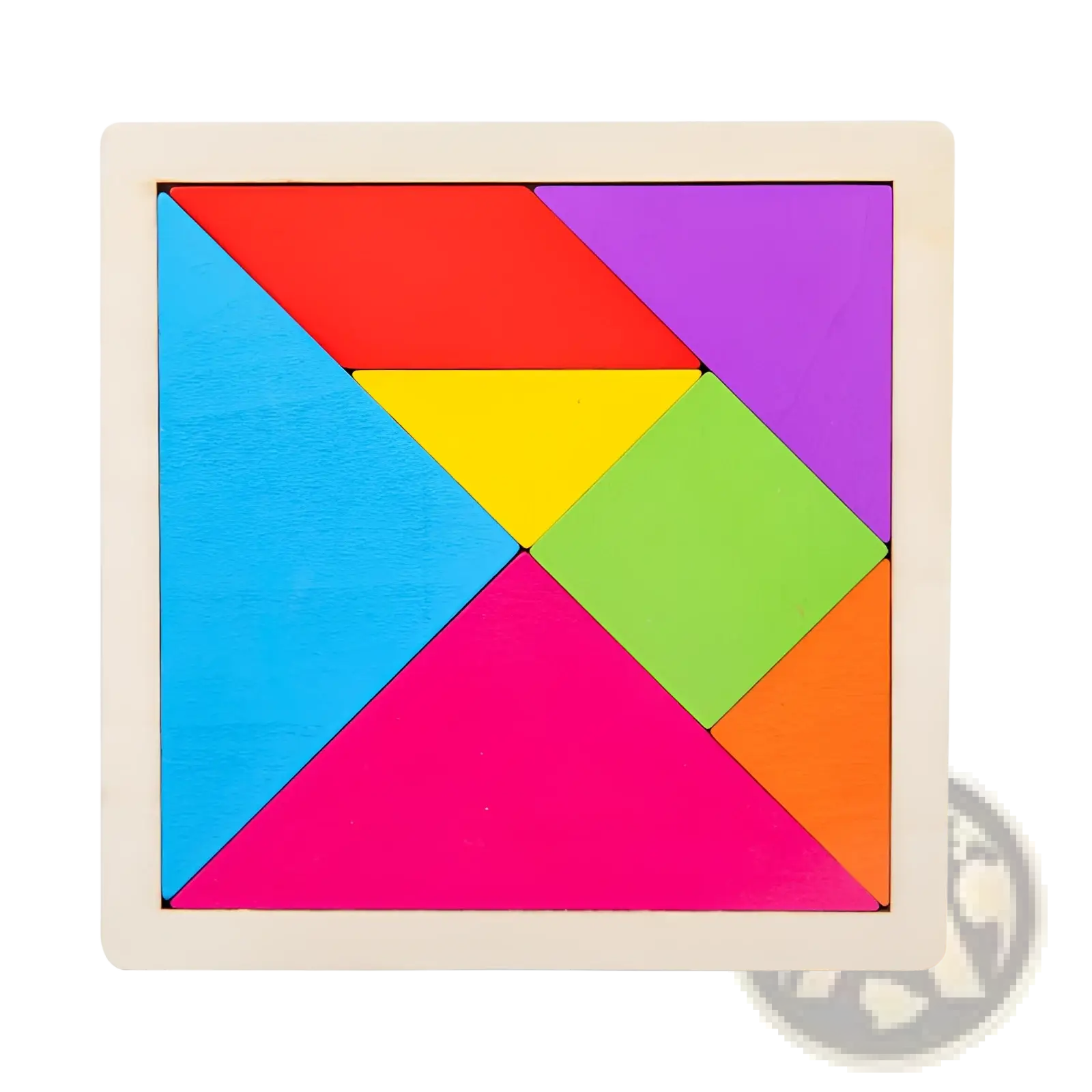 A vibrant 18cm wooden tangram puzzle with colorful geometric pieces arranged symmetrically for kids toy