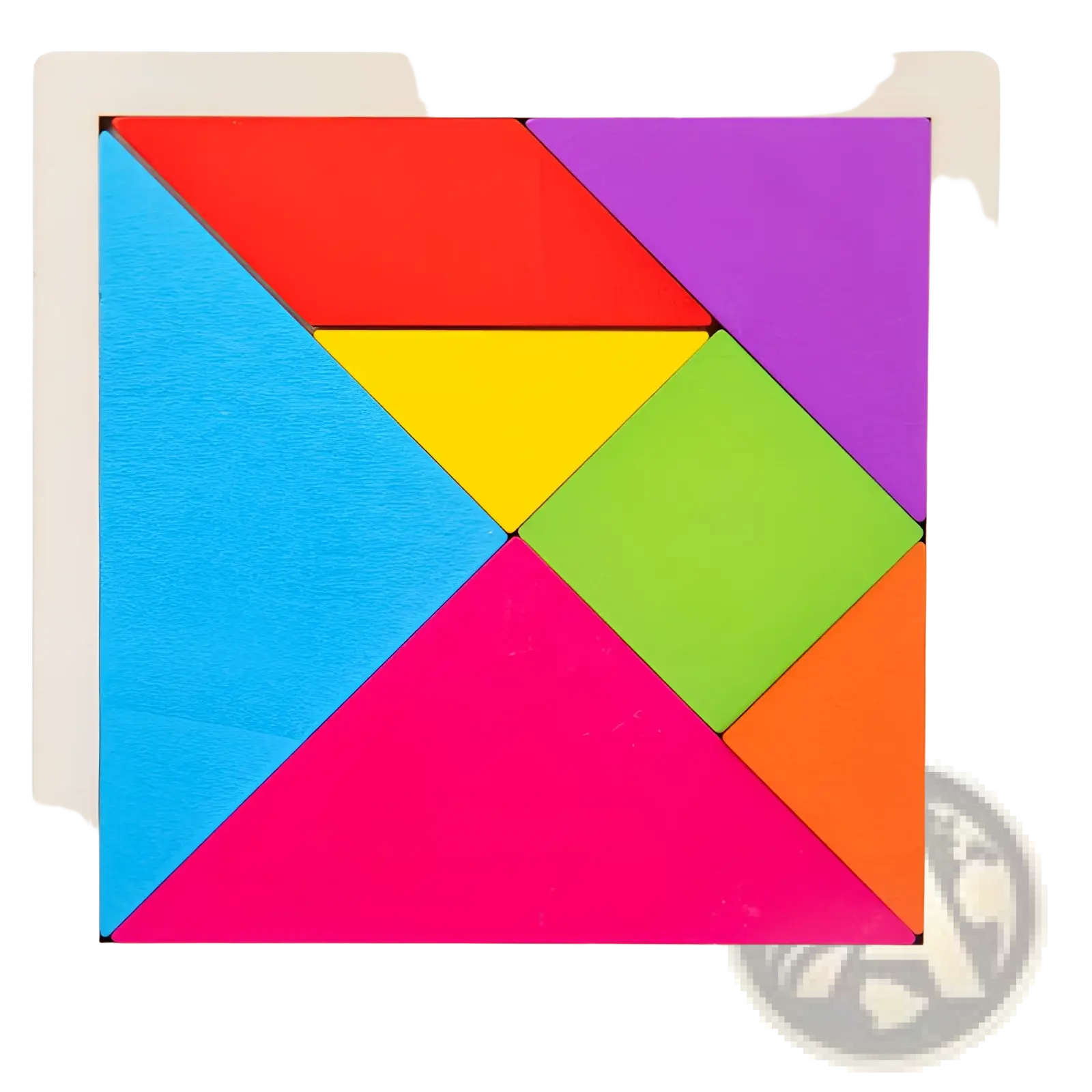 A vibrant 22cm wooden tangram puzzle with seven colorful geometric pieces forming a complete square for kids
