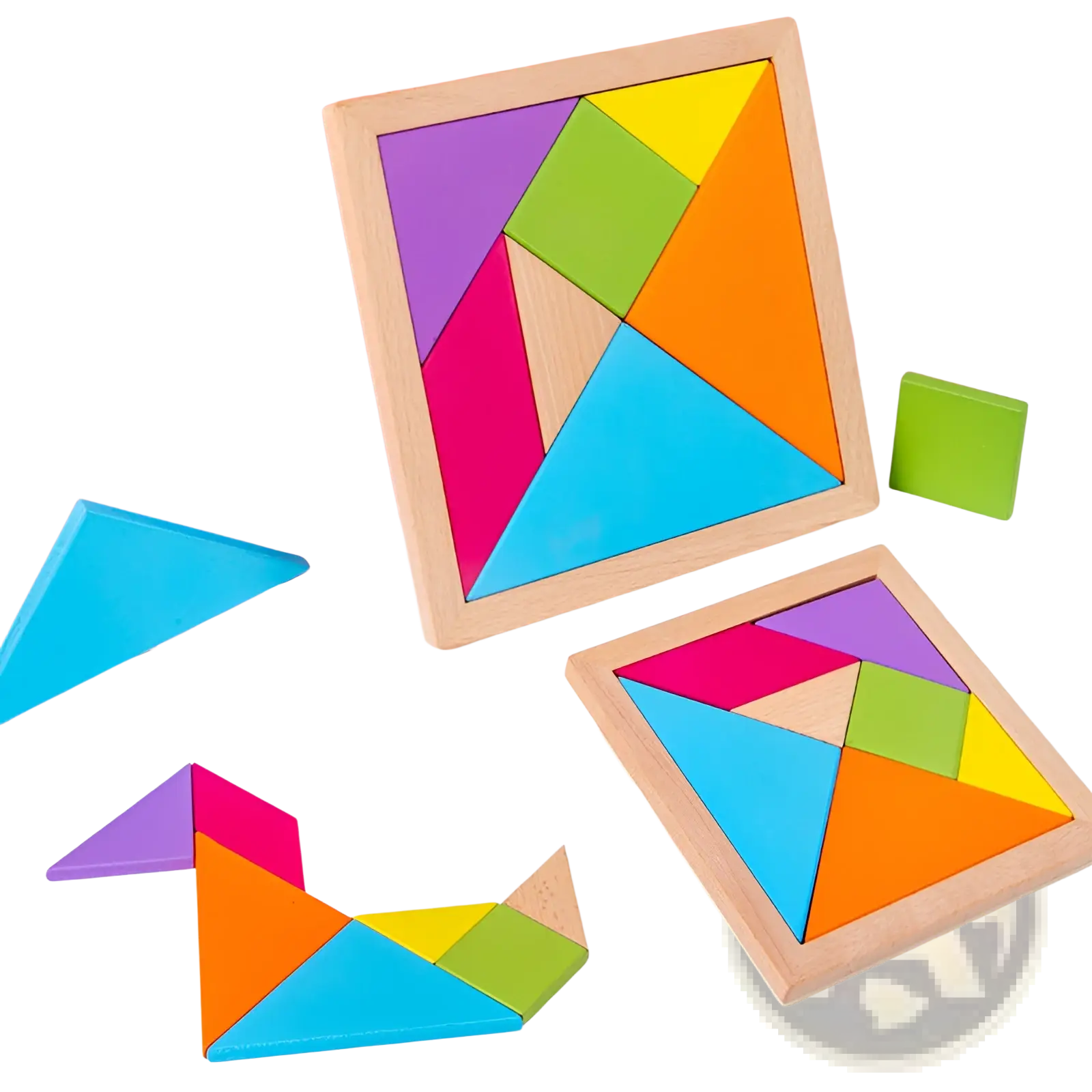 Colorful wooden tangram puzzle with vibrant geometric pieces arranged in a square frame for kids toy use