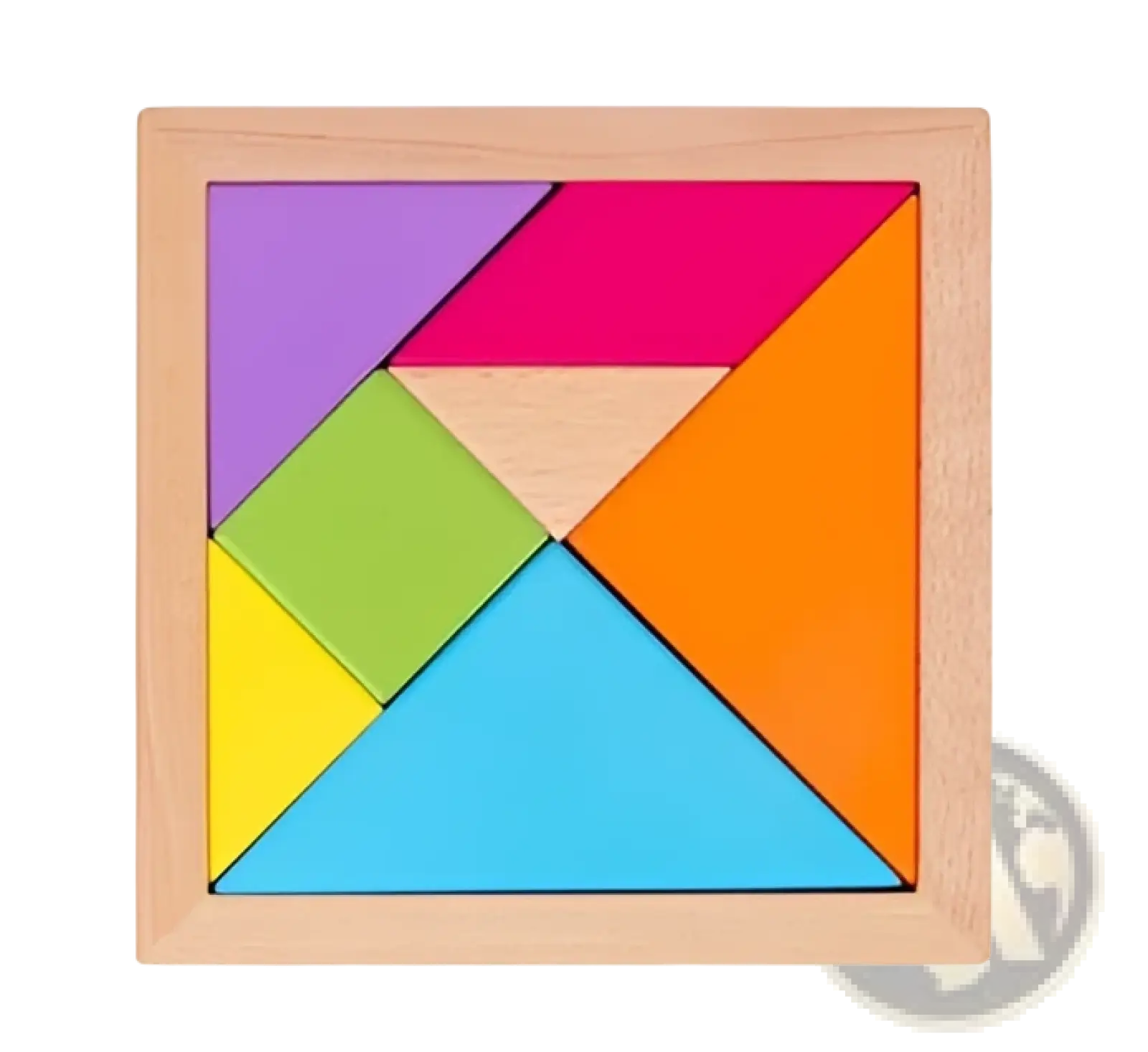 A wooden tangram puzzle with colorful geometric pieces arranged in a square for kids educational play