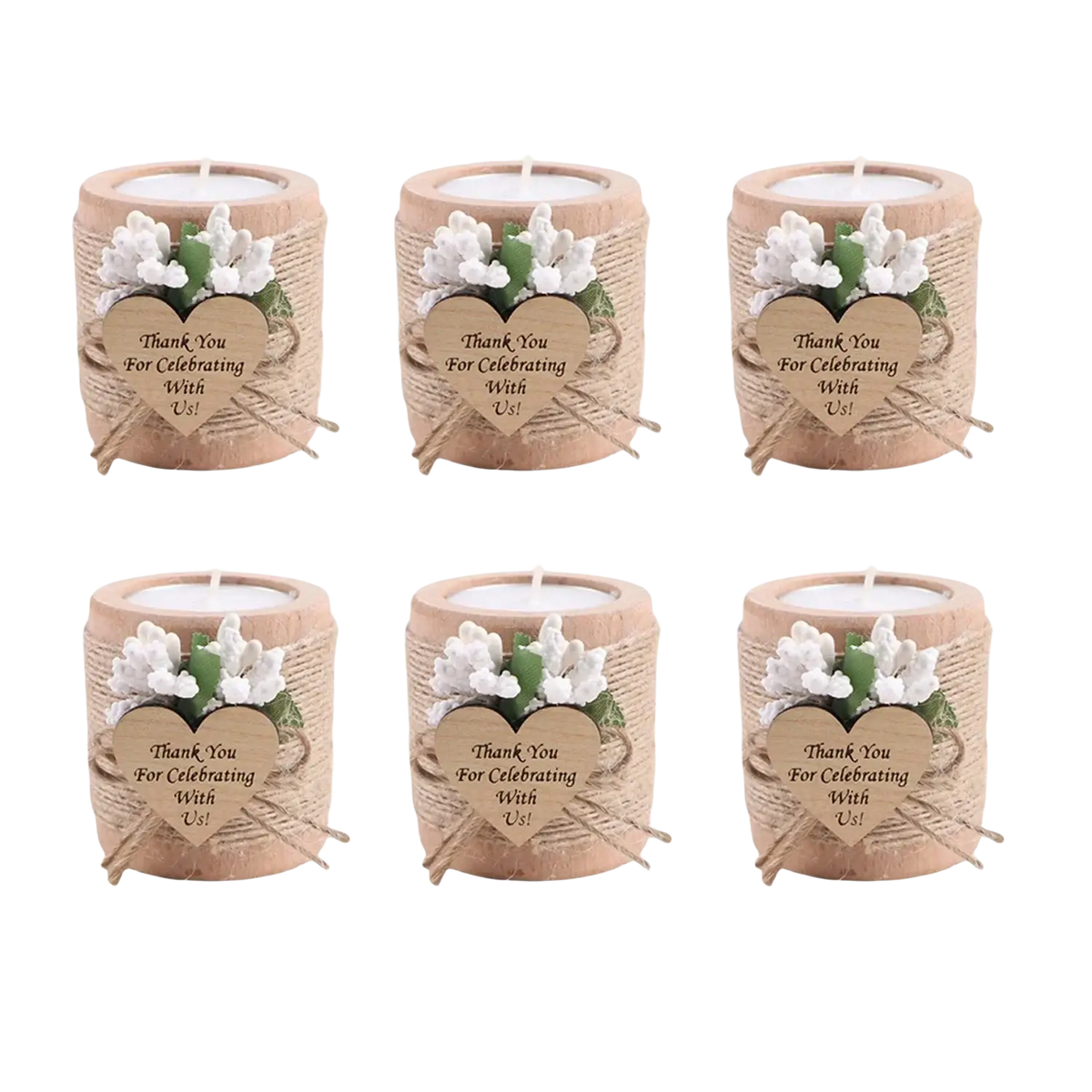 Wooden tealight candle holder wedding guest favors wrapped in burlap with white floral accents and heart wooden tags