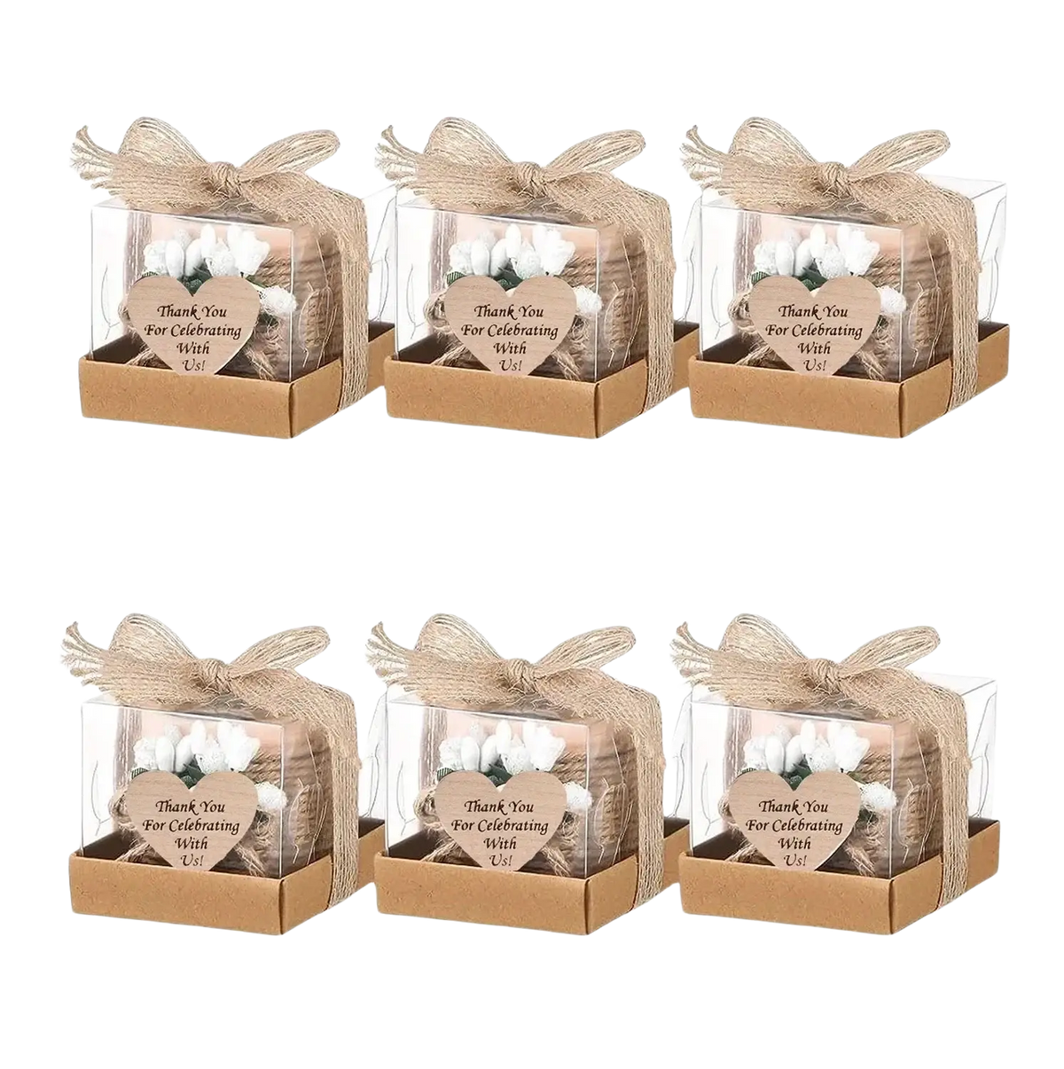 Wooden tealight candle holder wedding guest favors with burlap-wrapped clear boxes holding white cotton flowers and heart-shaped tags