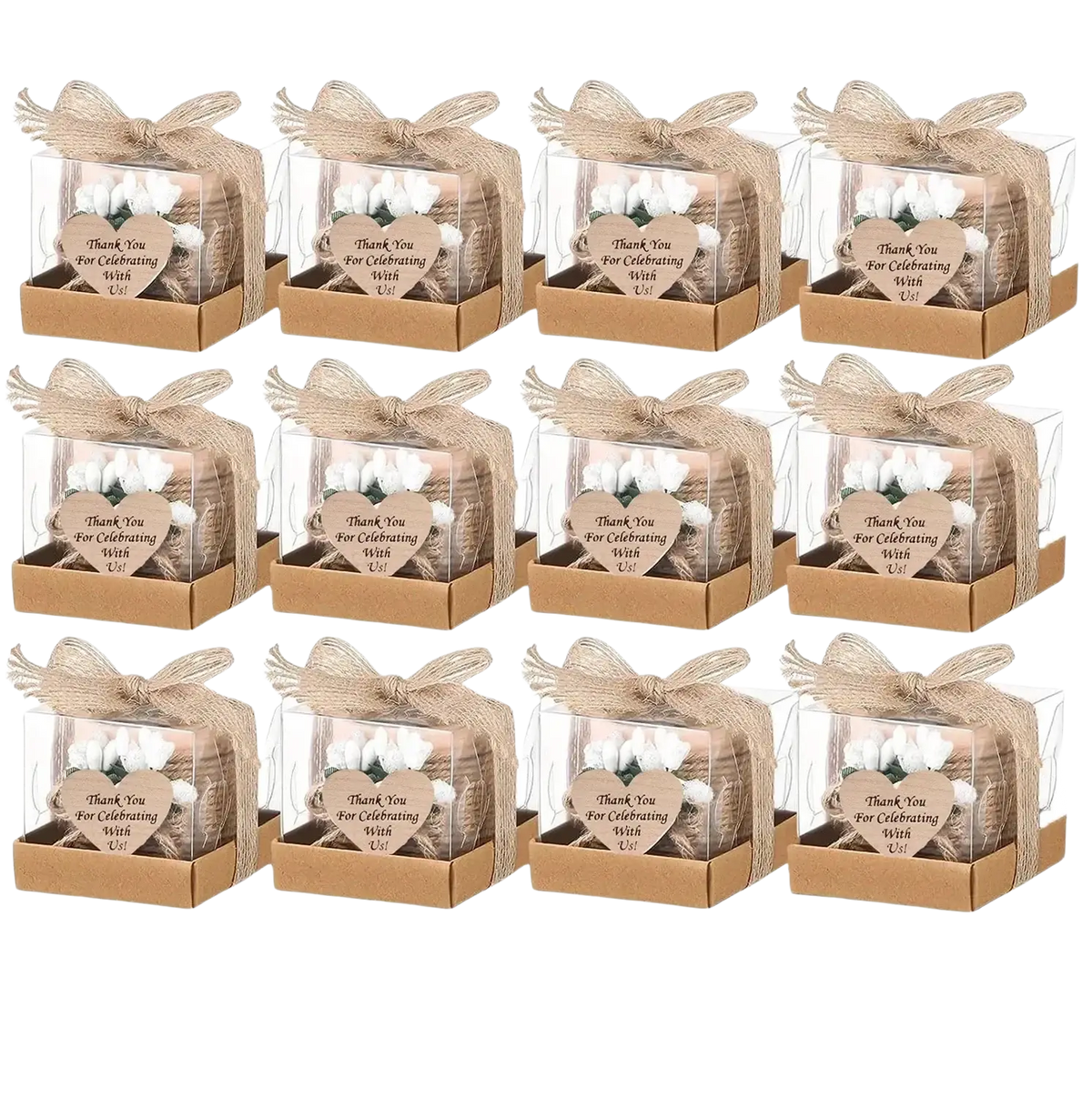 Wooden tealight candle holder wedding guest favors in clear plastic boxes with kraft bases and burlap ribbon tags