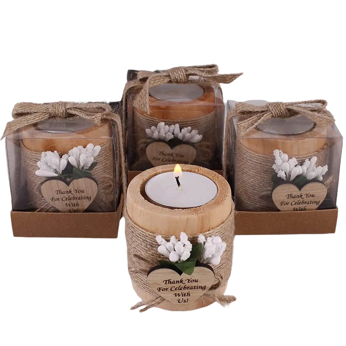 Wooden tealight candle holder with natural wood finish, twine wrap, white flowers, and thank you heart tag for weddings
