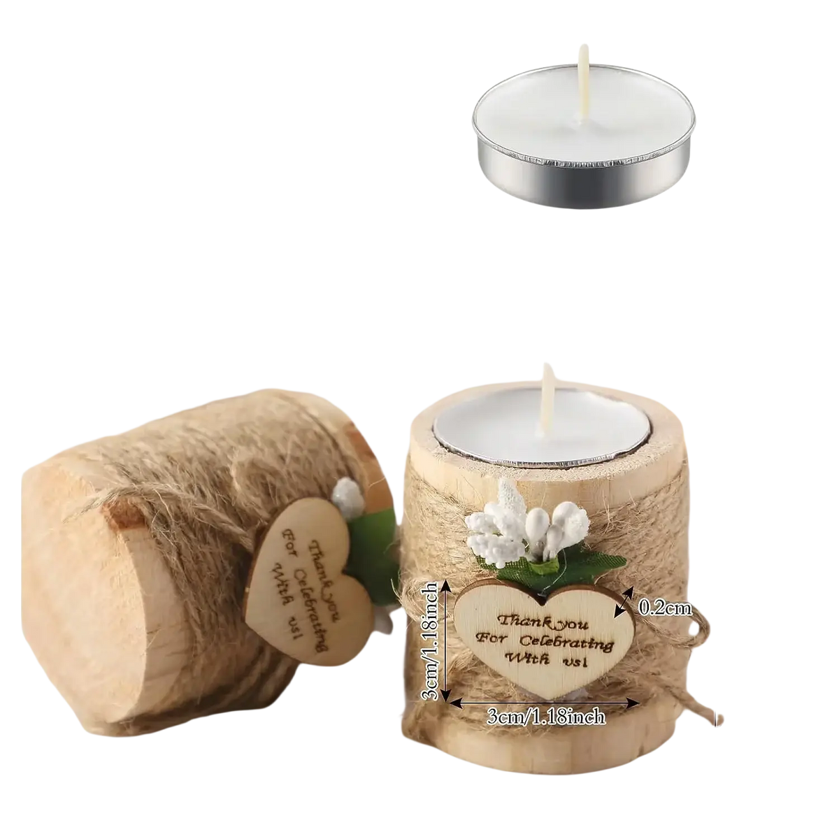 Rustic wooden tealight candle holder wrapped in twine with heart tag and white flowers for wedding guest favors