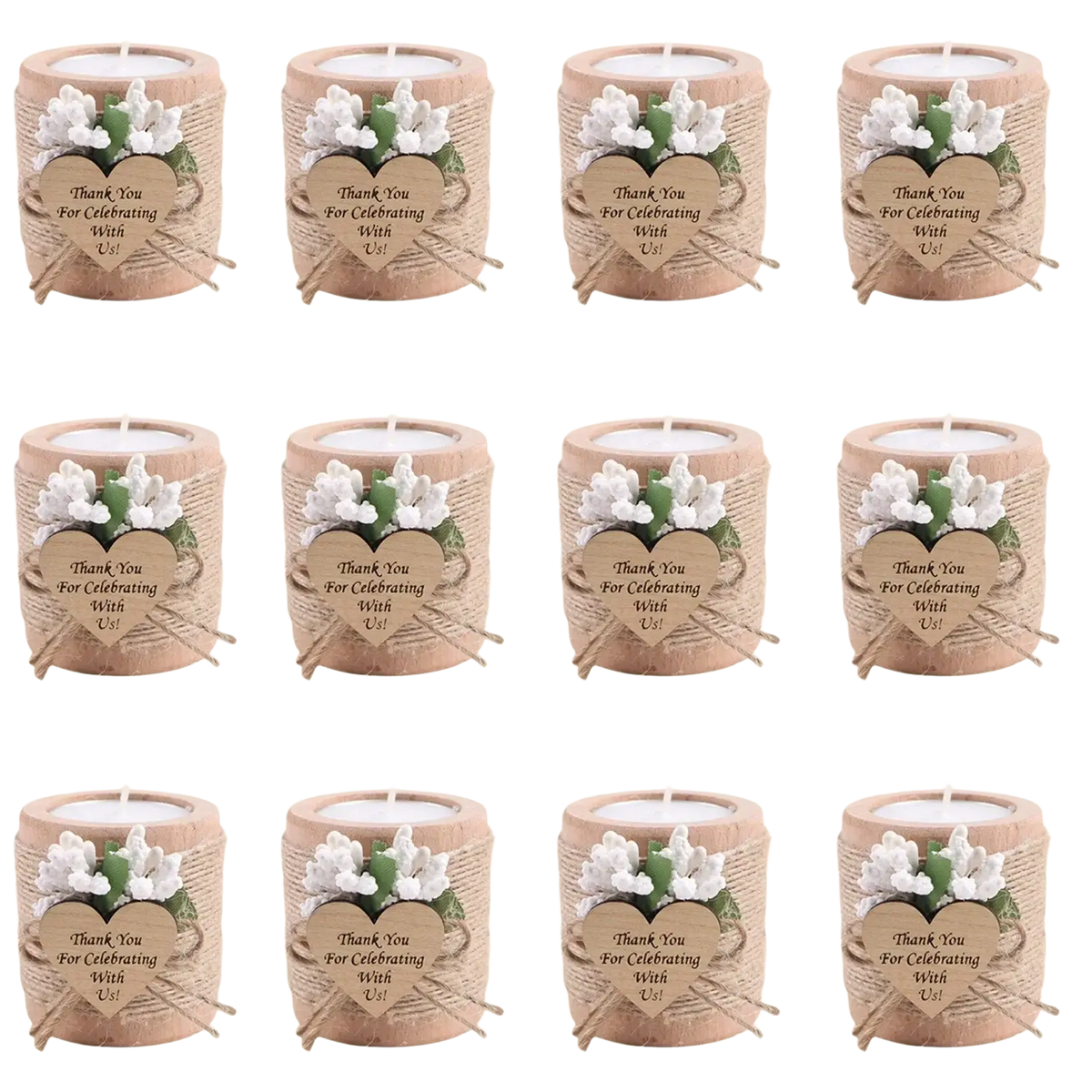 Rustic beige ceramic wooden tealight candle holders with twine wrapping white floral accents and heart-shaped tags for weddings