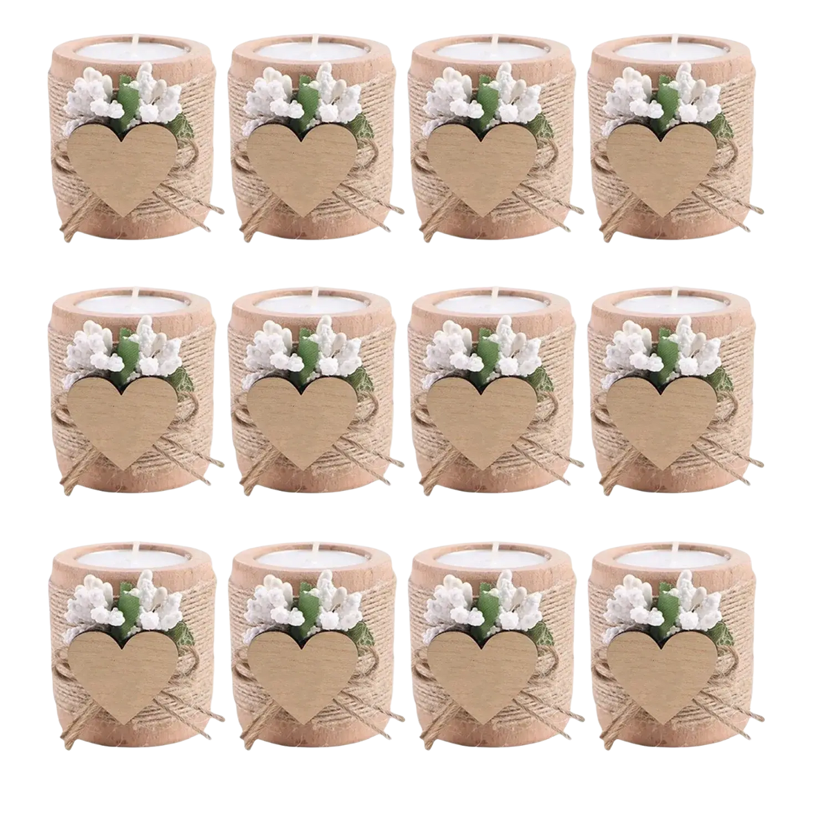 Wooden tealight candle holder wedding guest favors with rustic beige twine-wrapped bodies and white artificial flowers