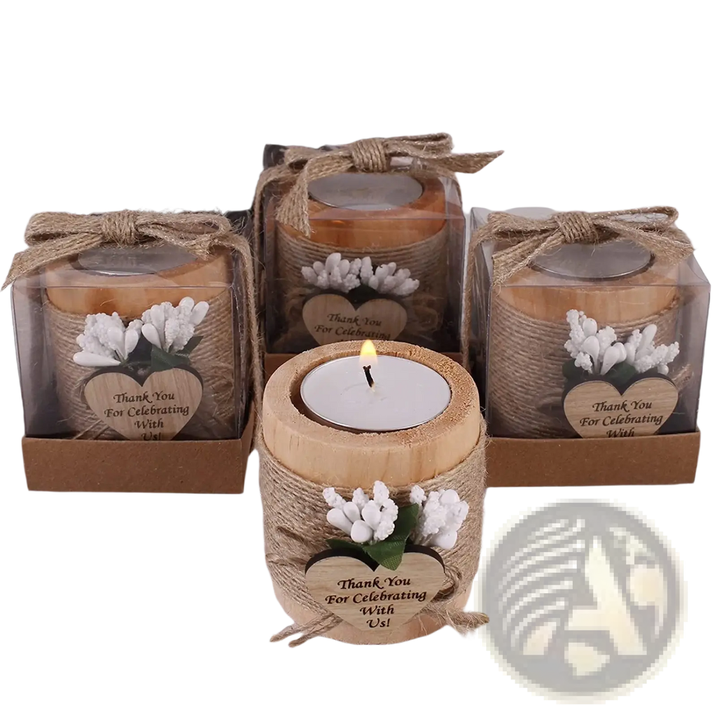Wooden tealight candle holder with natural wood finish, twine wrap, white flowers, and thank you heart tag for weddings
