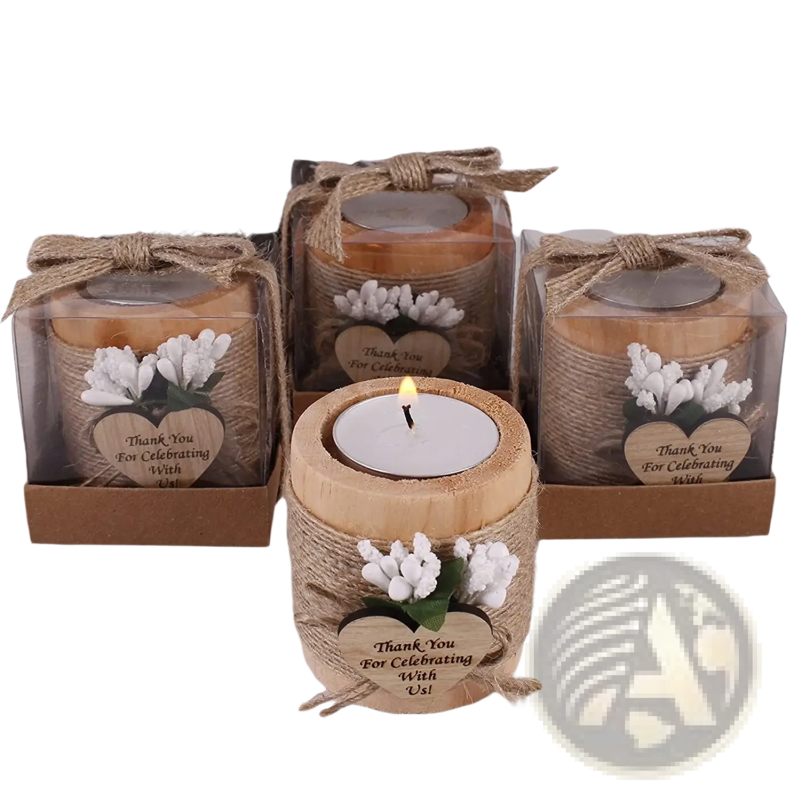 Wooden tealight candle holder with natural wood finish, twine wrap, white flowers, and thank you heart tag for weddings