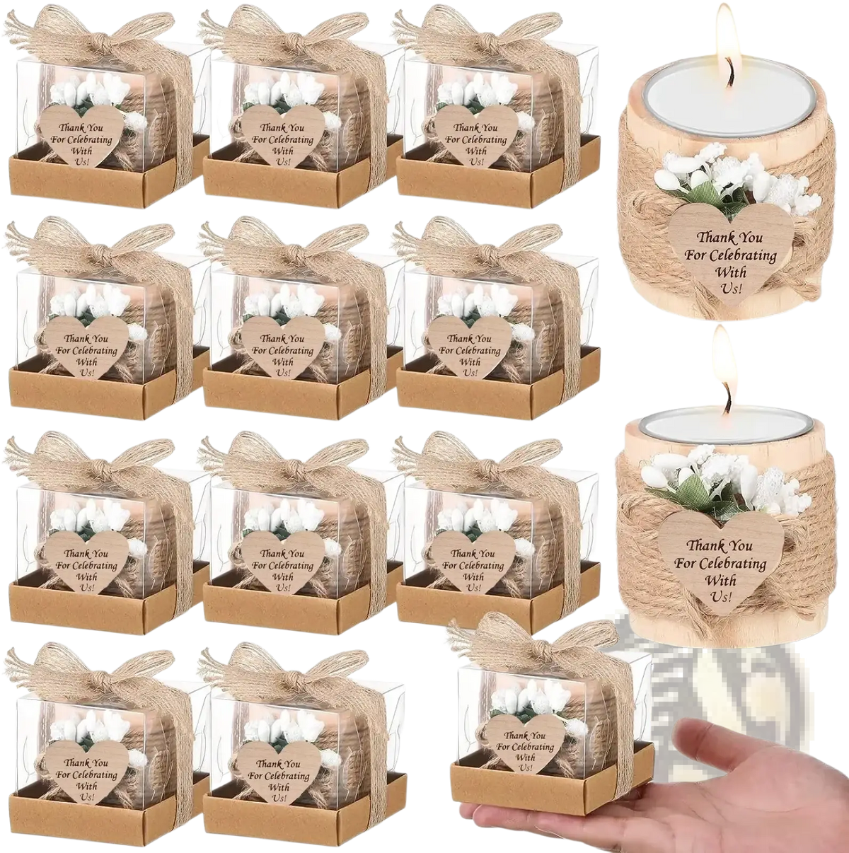 Rustic wooden tealight candle holder wrapped in twine with heart-shaped tag and white flowers wedding favor