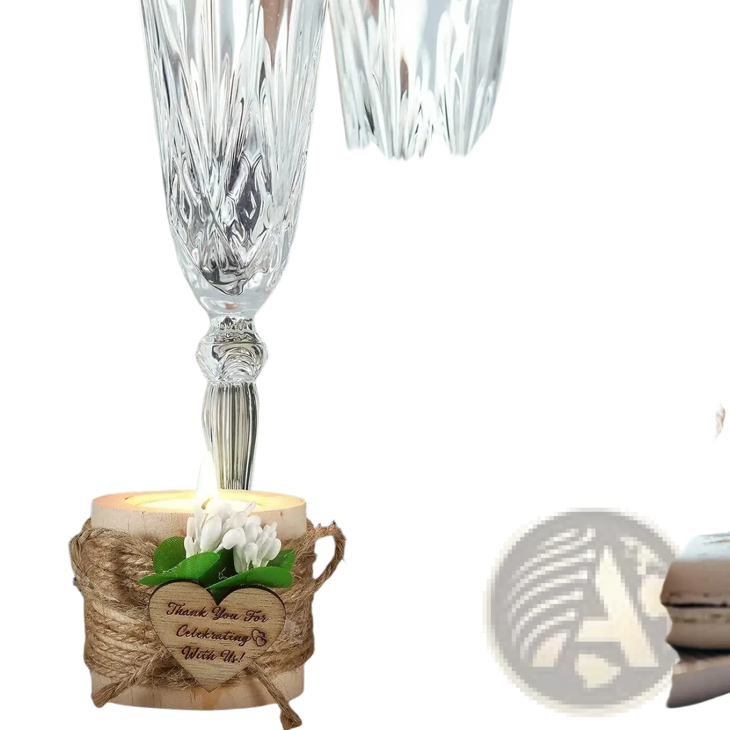 Rustic wooden tealight candle holder wrapped in twine with a heart tag and white flowers for wedding favors