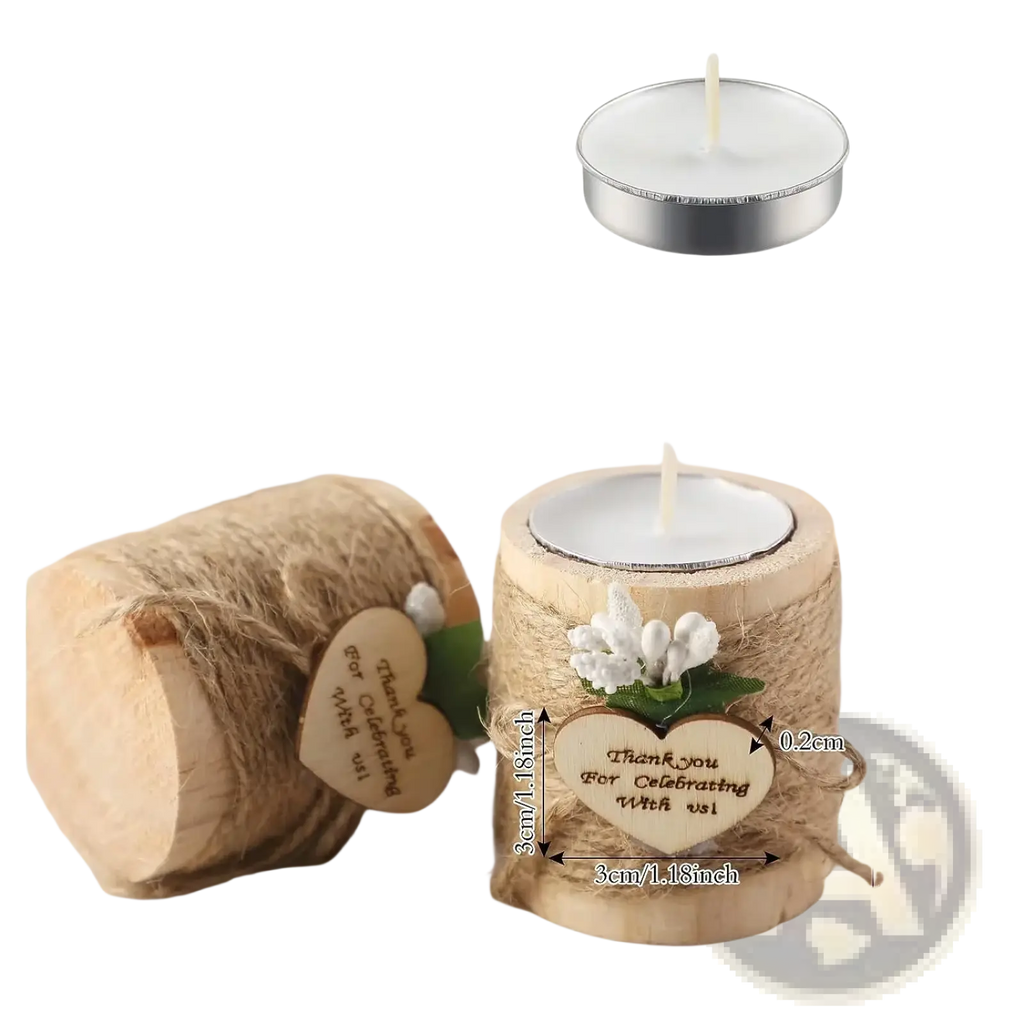Rustic wooden tealight candle holder wrapped in twine with heart tag and white flowers for wedding guest favors