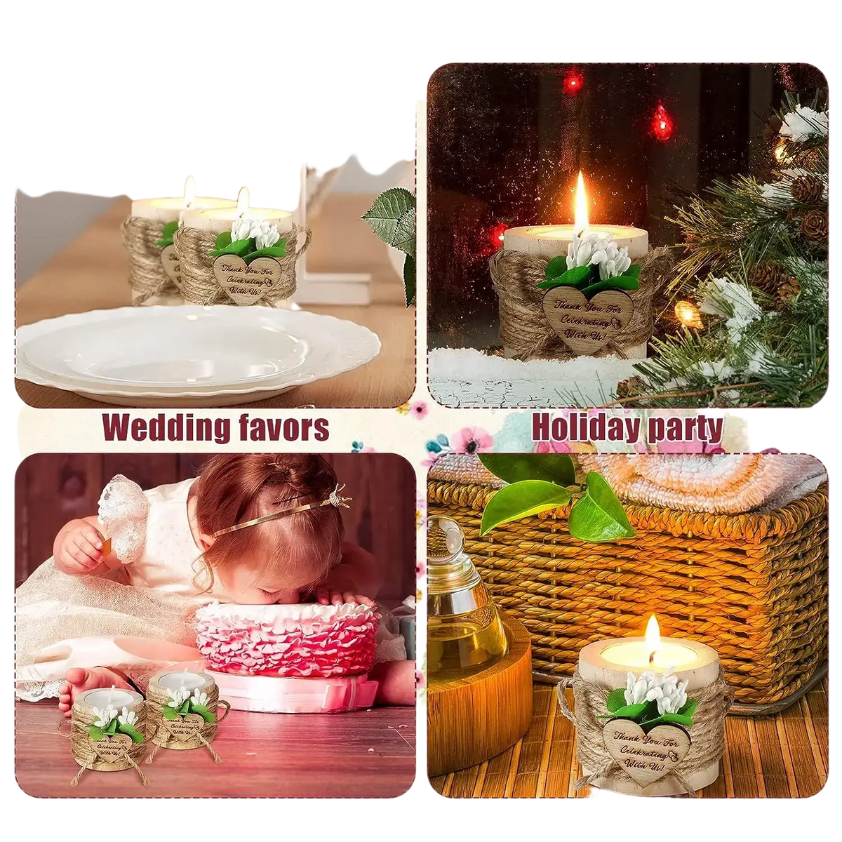 White candle with rustic twine wrap and small white flowers on wooden tealight candle holder wedding guest favor
